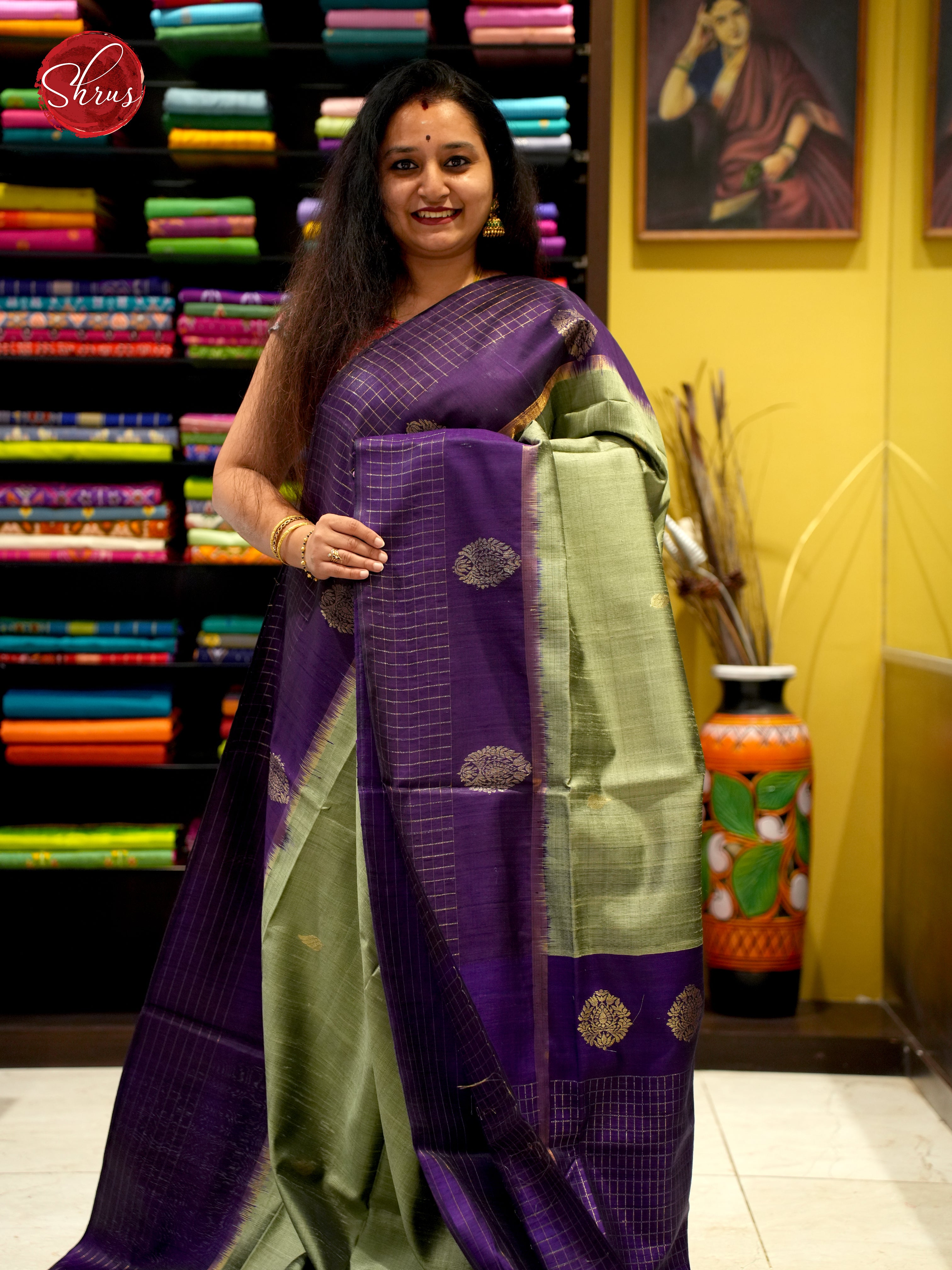 Elachi Green & Violet - Raw Silk Saree - Shop on ShrusEternity.com