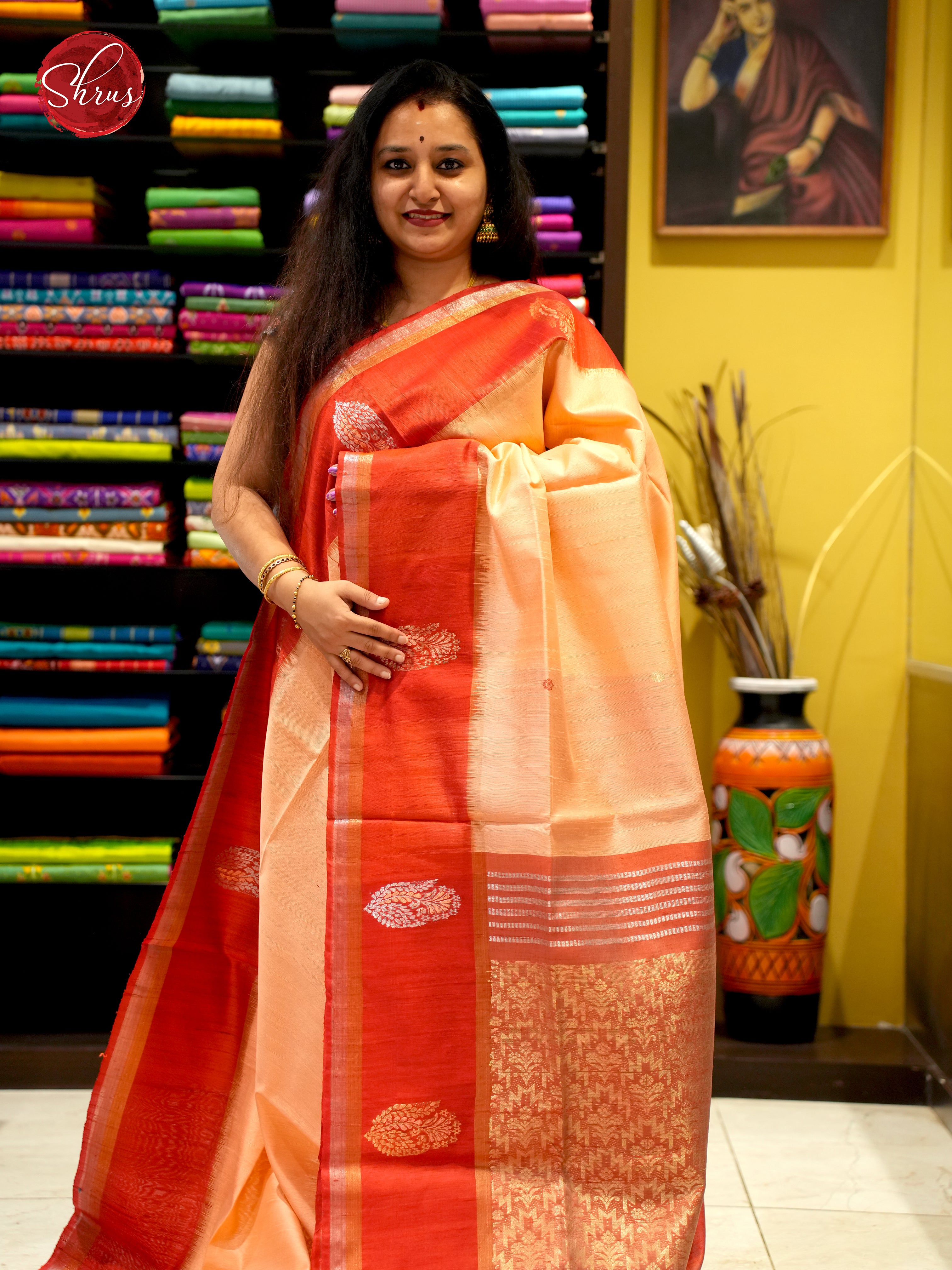 Peach & Red  - Raw Silk Saree - Shop on ShrusEternity.com