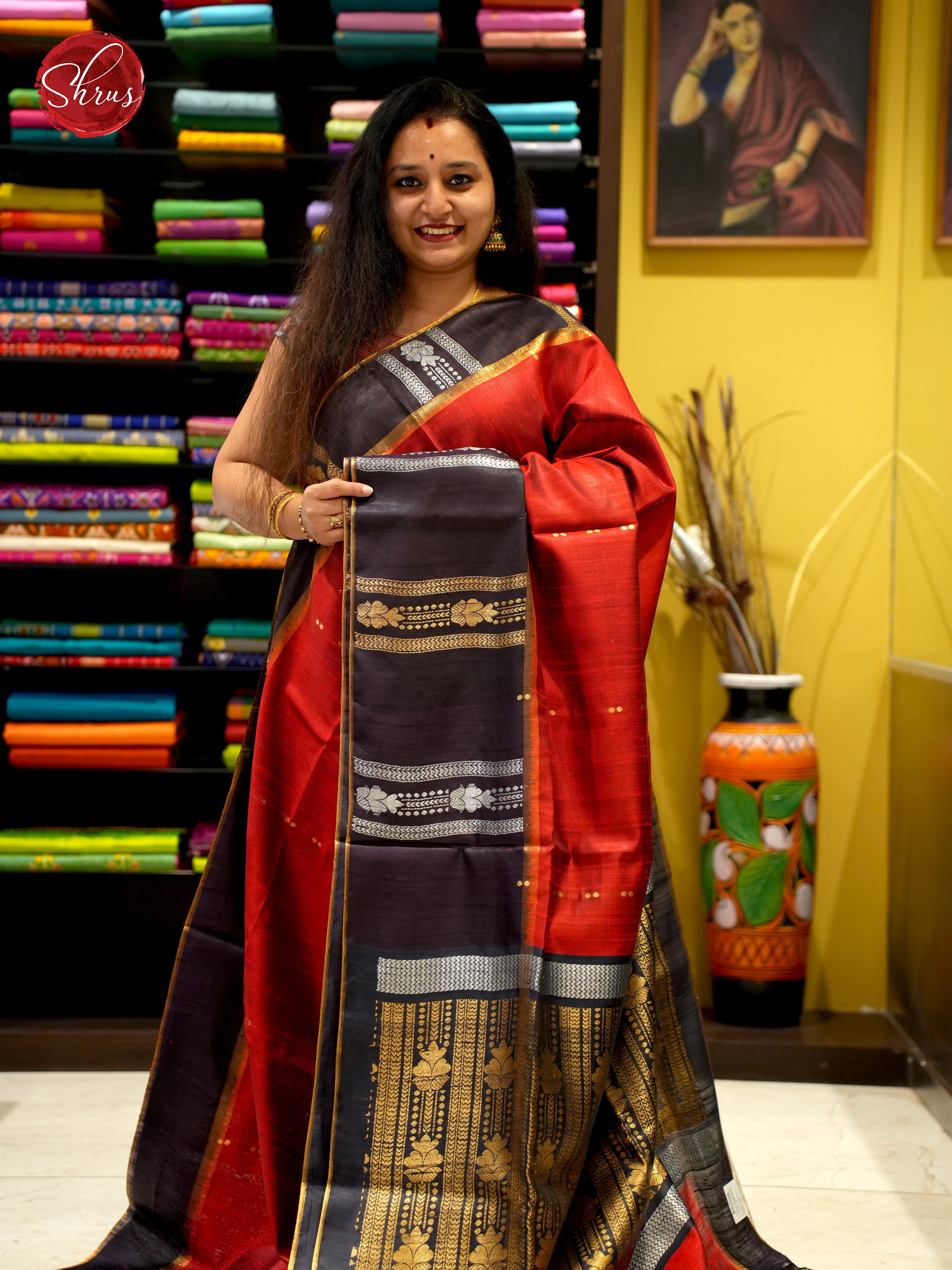 Red & Black  - Raw Silk Saree - Shop on ShrusEternity.com