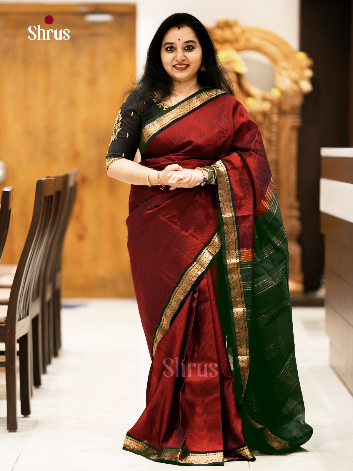 Kanchipuram-halfpure Saree - Aarakku Maroon & Bottle Green - Shop on Shrus.com