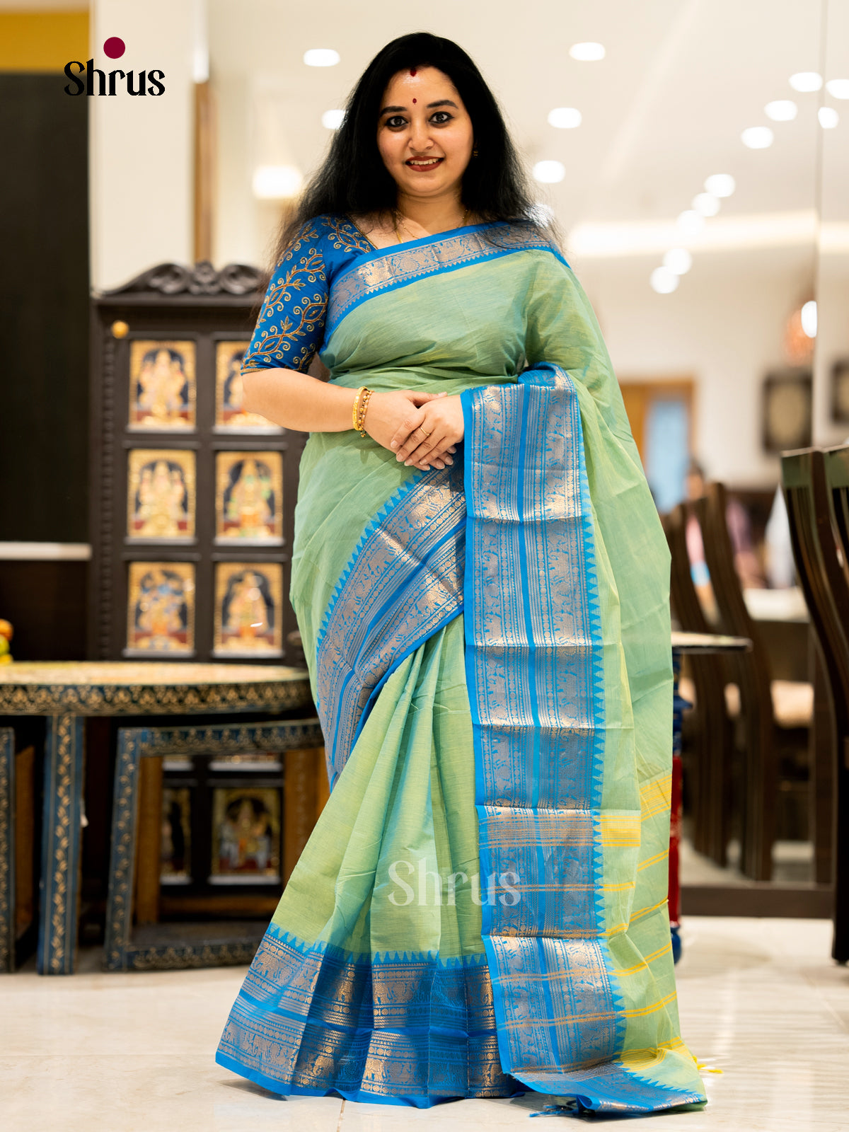 Pista Green & Blue - Chettinad Cotton - Saree- EBS06114 - Shop on Shrus.com