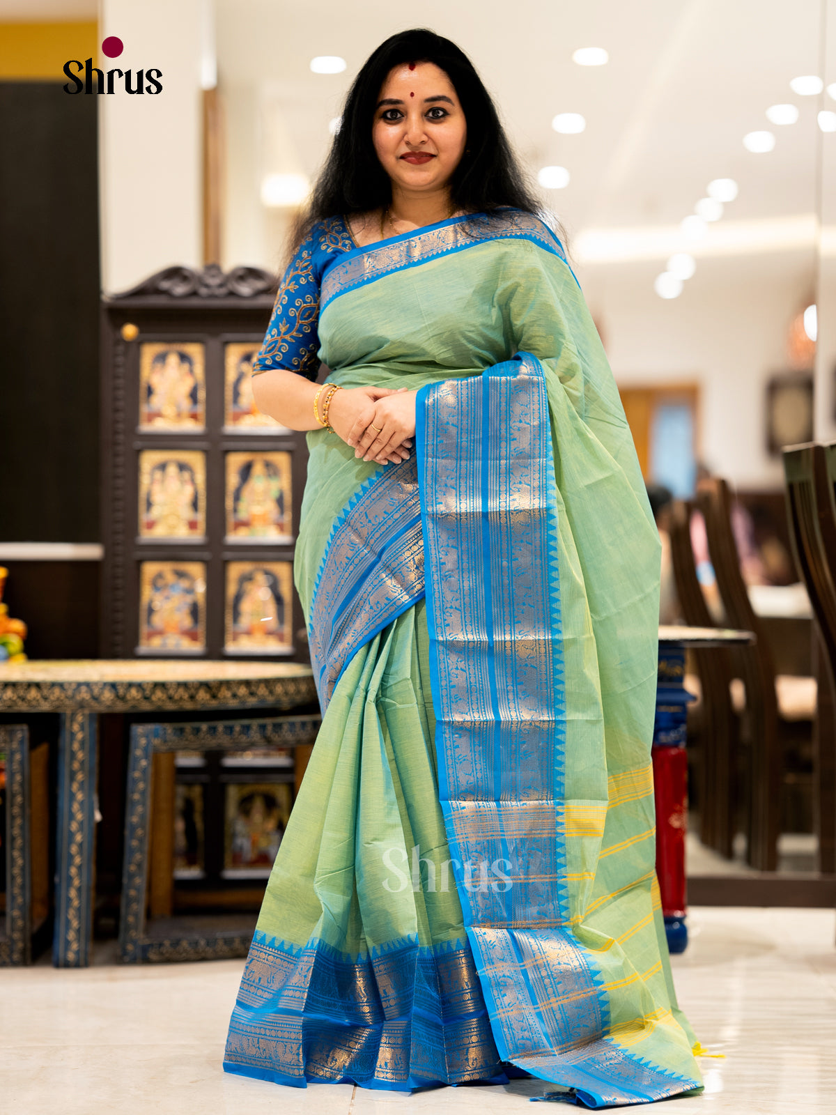 Pista Green & Blue - Chettinad Cotton - Saree- EBS06114 - Shop on Shrus.com