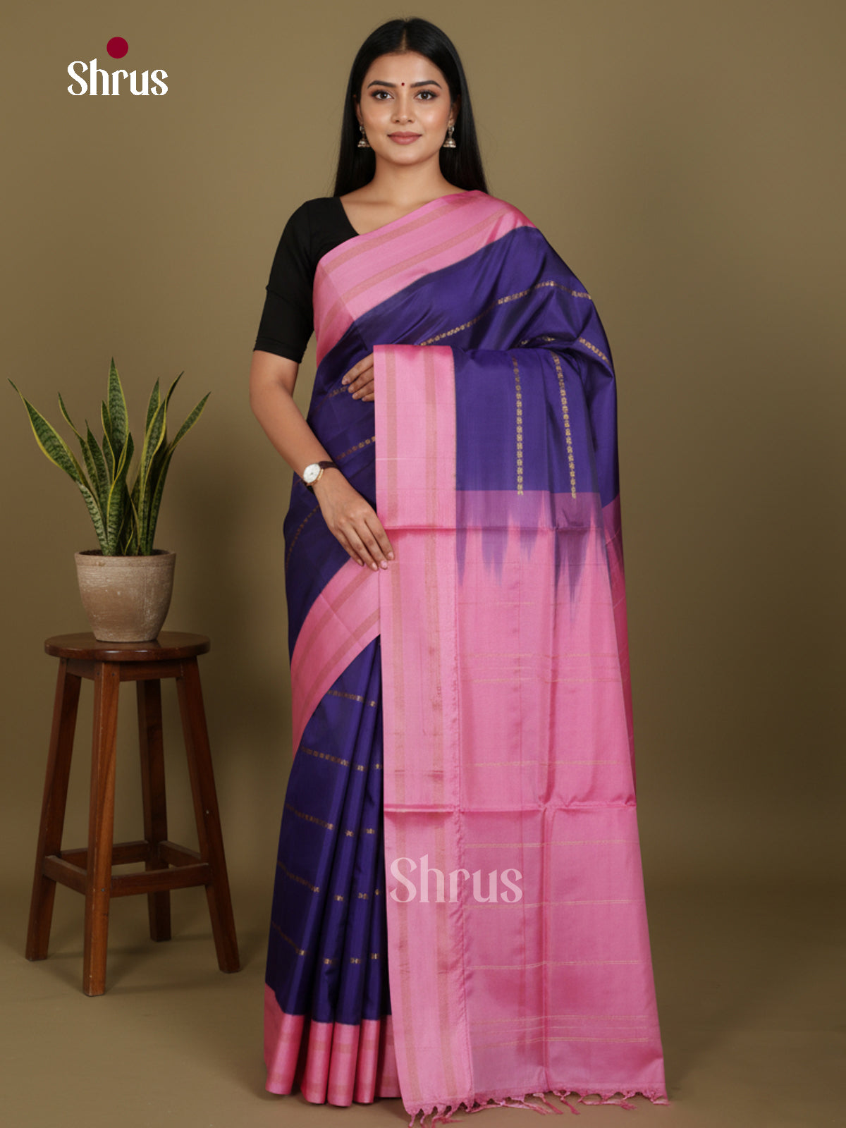 Buy Serene Dark Blue Banana Pith Saree With Zari Stripes, Rose Pink Rettaipet Border & Pallu