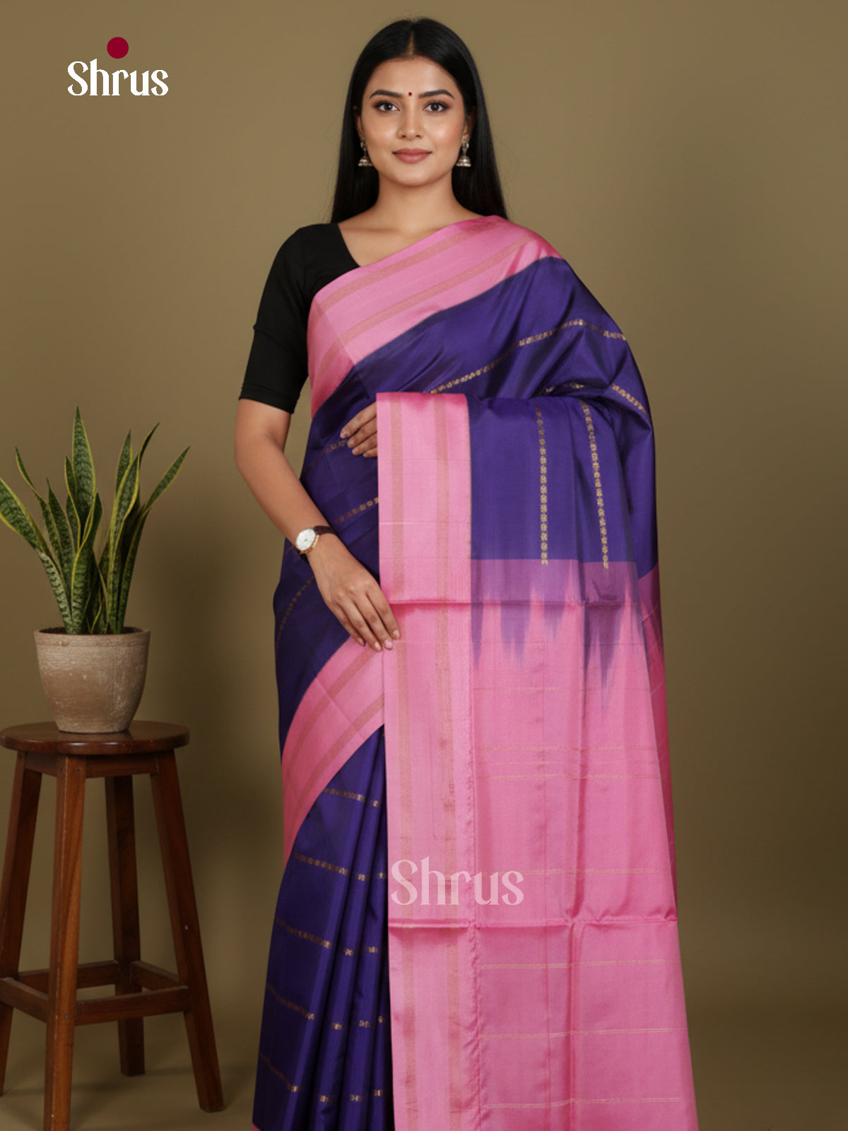 Buy Serene Dark Blue Banana Pith Sarees With Zari Stripes, Rose Pink Rettaipet Border & Pallu