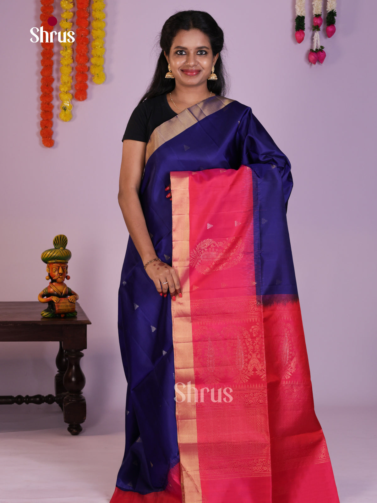 Buy Serene Dark Blue Soft Silk Saree with Small Buttas, Pink Border & Brocade pallu