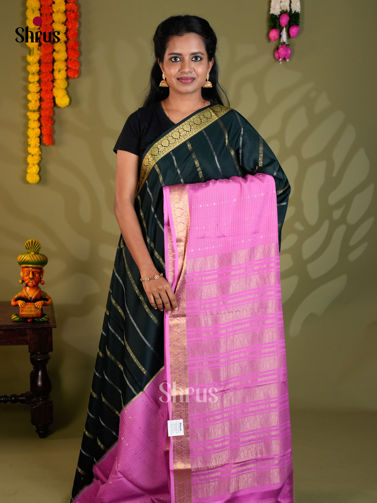 Buy Serene Dark Green Half & Half Mysore Silk Saree with Gold Stripes, Pink Checks & Zari Pallu