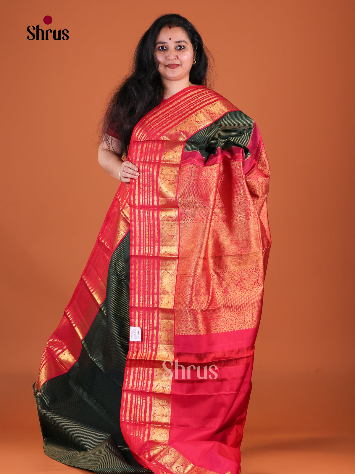 Dark Green Kanchipuram Silk Saree With Fine Zari Stripes | Red Zari Striped Border & Brocade Pallu