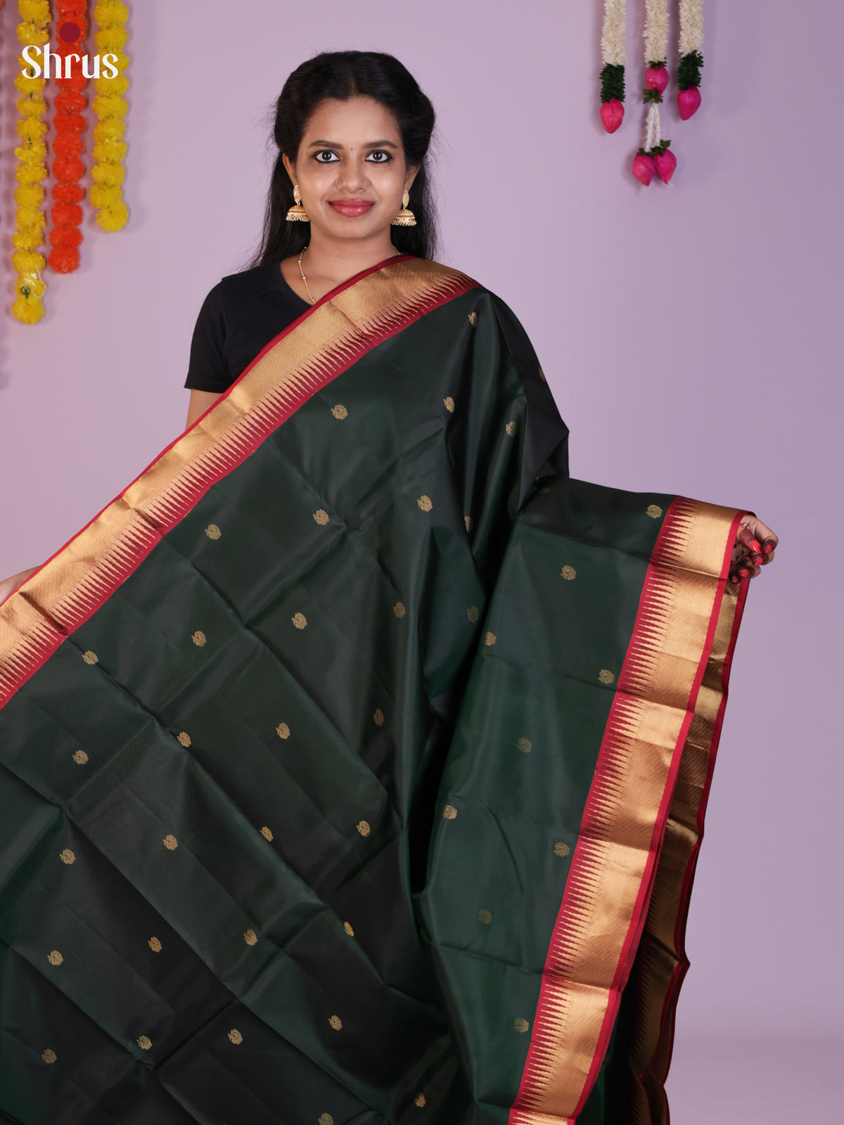 Buy Regal Dark Green Kanchipuram Silk Sarees With Zari Woven Buttas & Maroon Temple Border