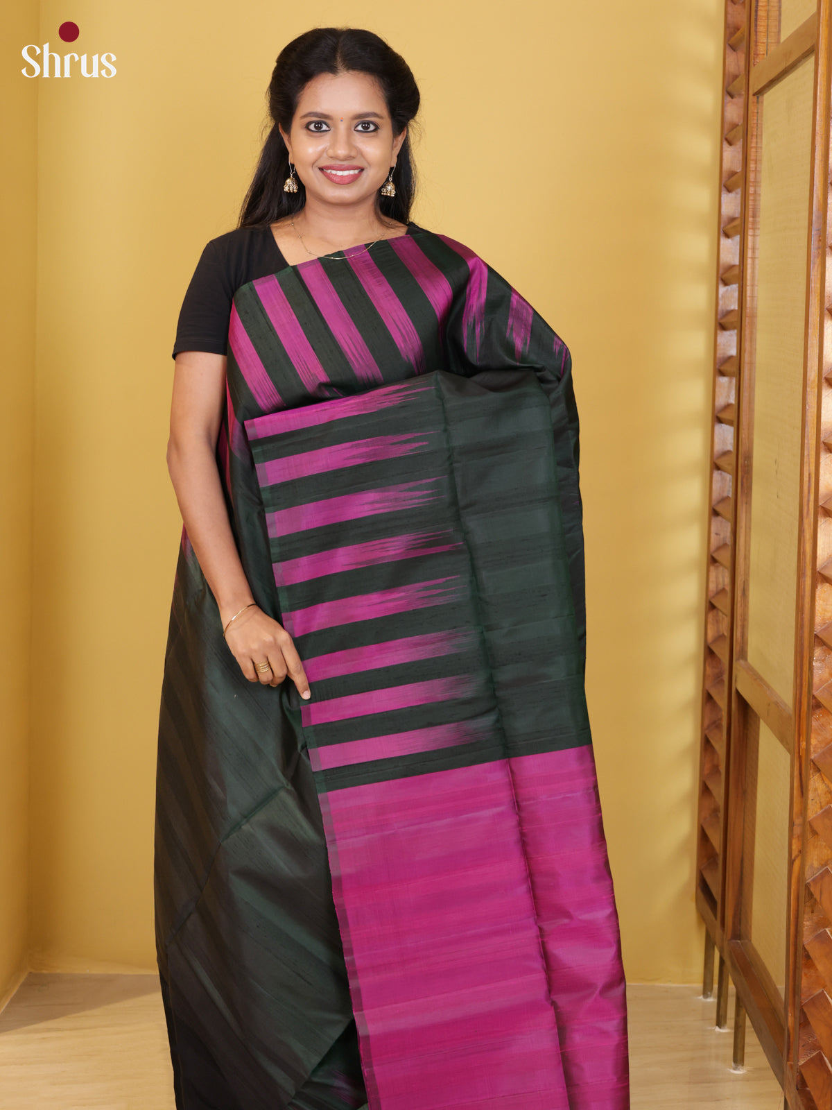 Buy Elegant Dark Green & Magenta Soft Silk Saree with Block Stripes & Red Pallu