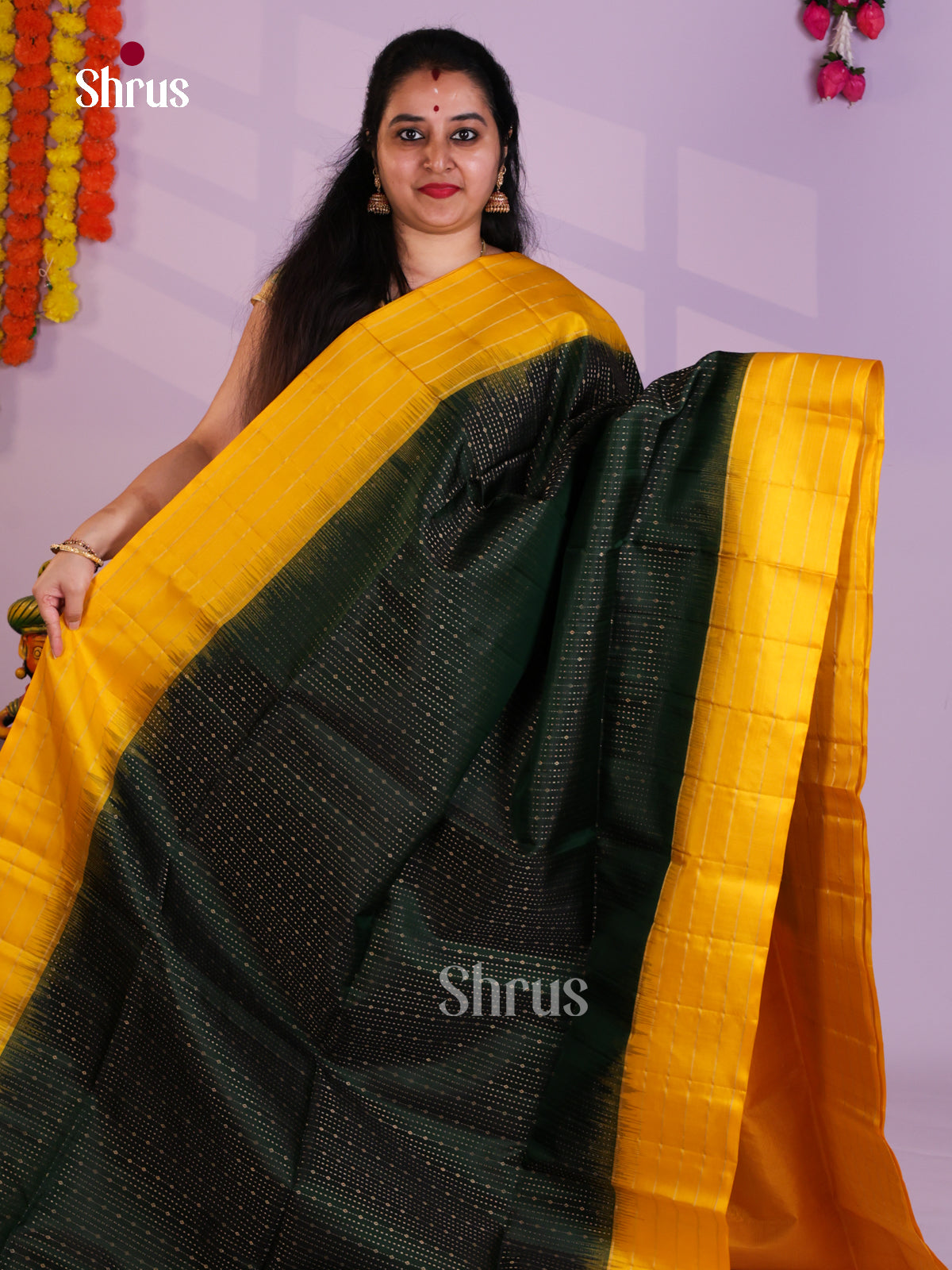Buy Classy Dark Green Pure Soft Silk Saree with Golden Stripes & Yellow Zari Striped Border