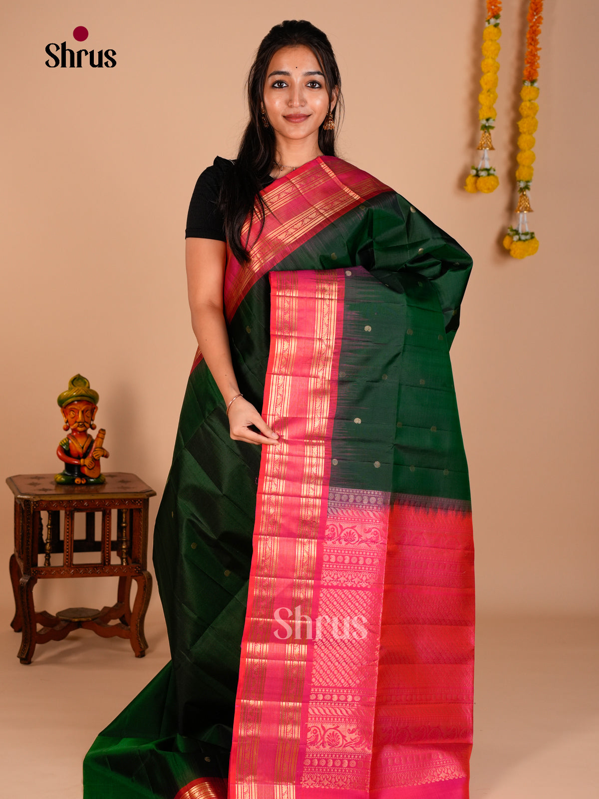 Buy Regal Dark Green Soft Silk Saree with Gold Buttas & Orangish Pink Rettaipet Zari Border