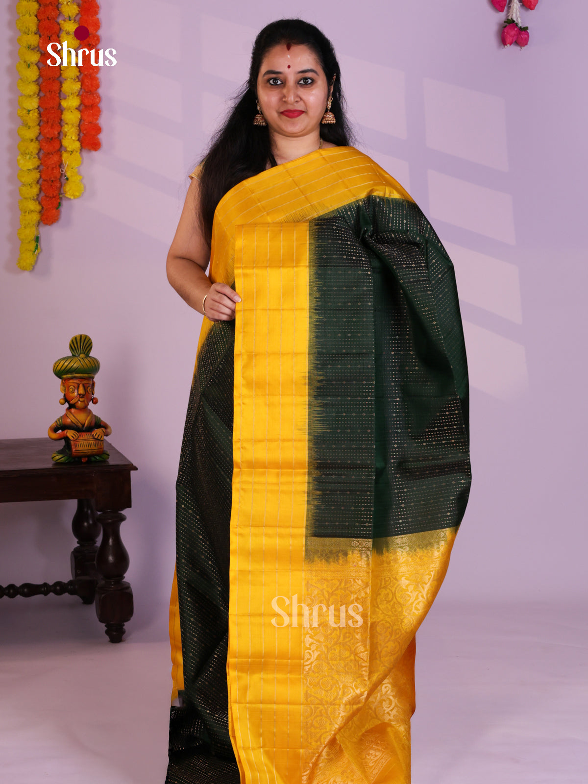 Buy Classy Dark Green Soft Silk Saree with Golden Stripes & Yellow Zari Striped Border