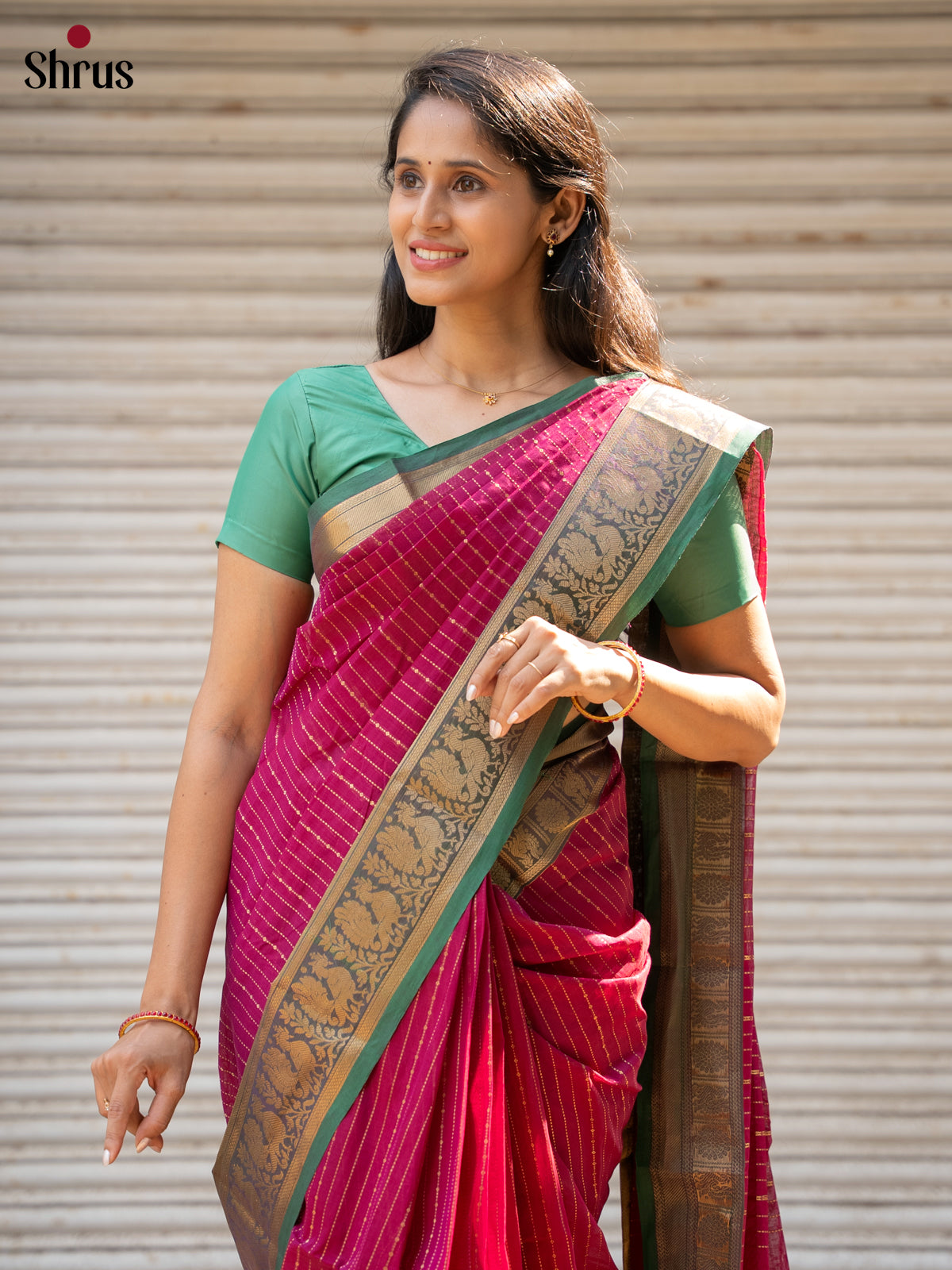 Chic Dark Pink Chettinad Cotton Saree With Thread Stripes & Green Zari Border With Peacock Buttas