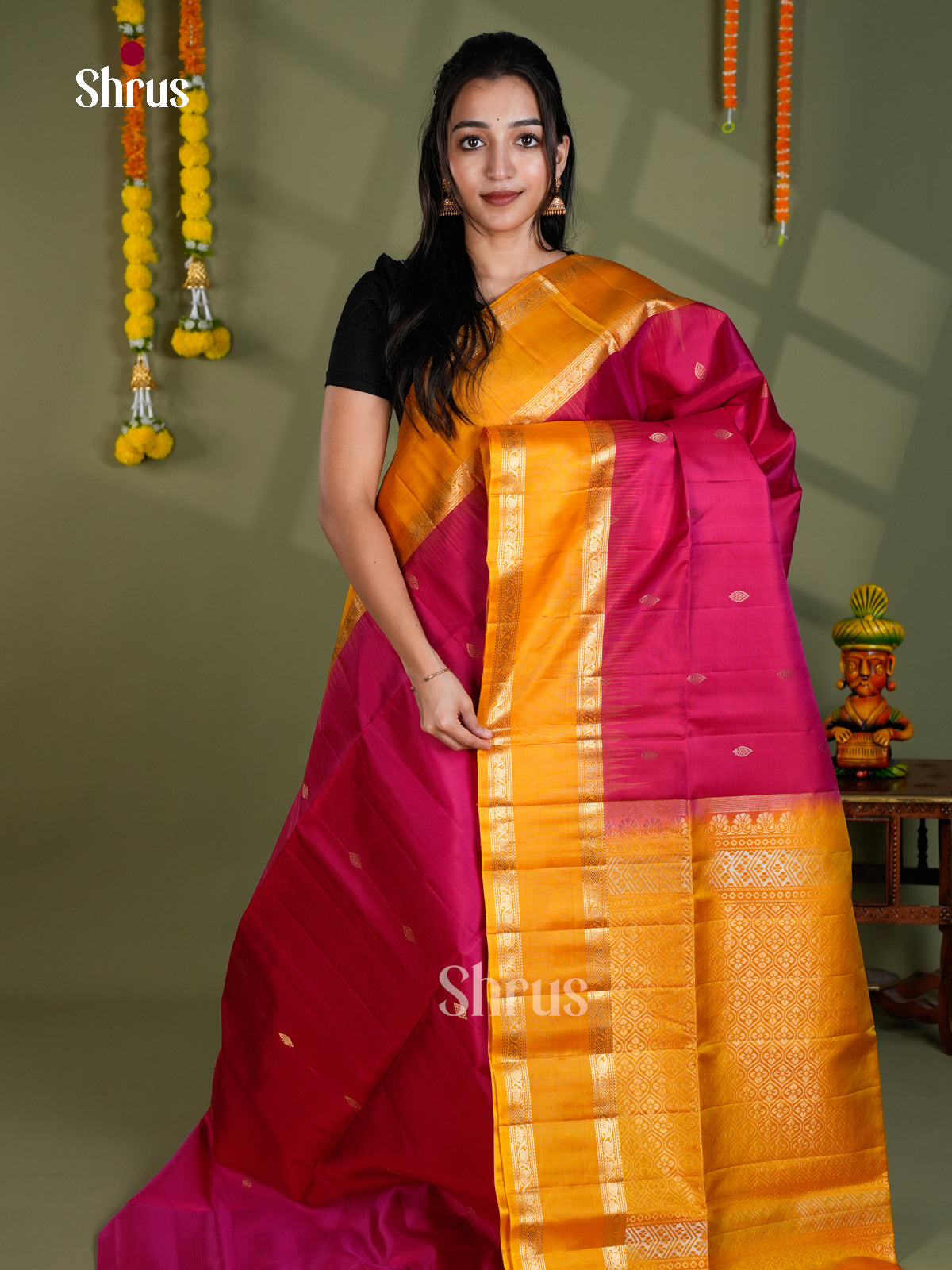 Buy Regal Dark Pink Pure Soft Silk Saree With Diamond Buttas & Mustard Rettaipet Zari Border