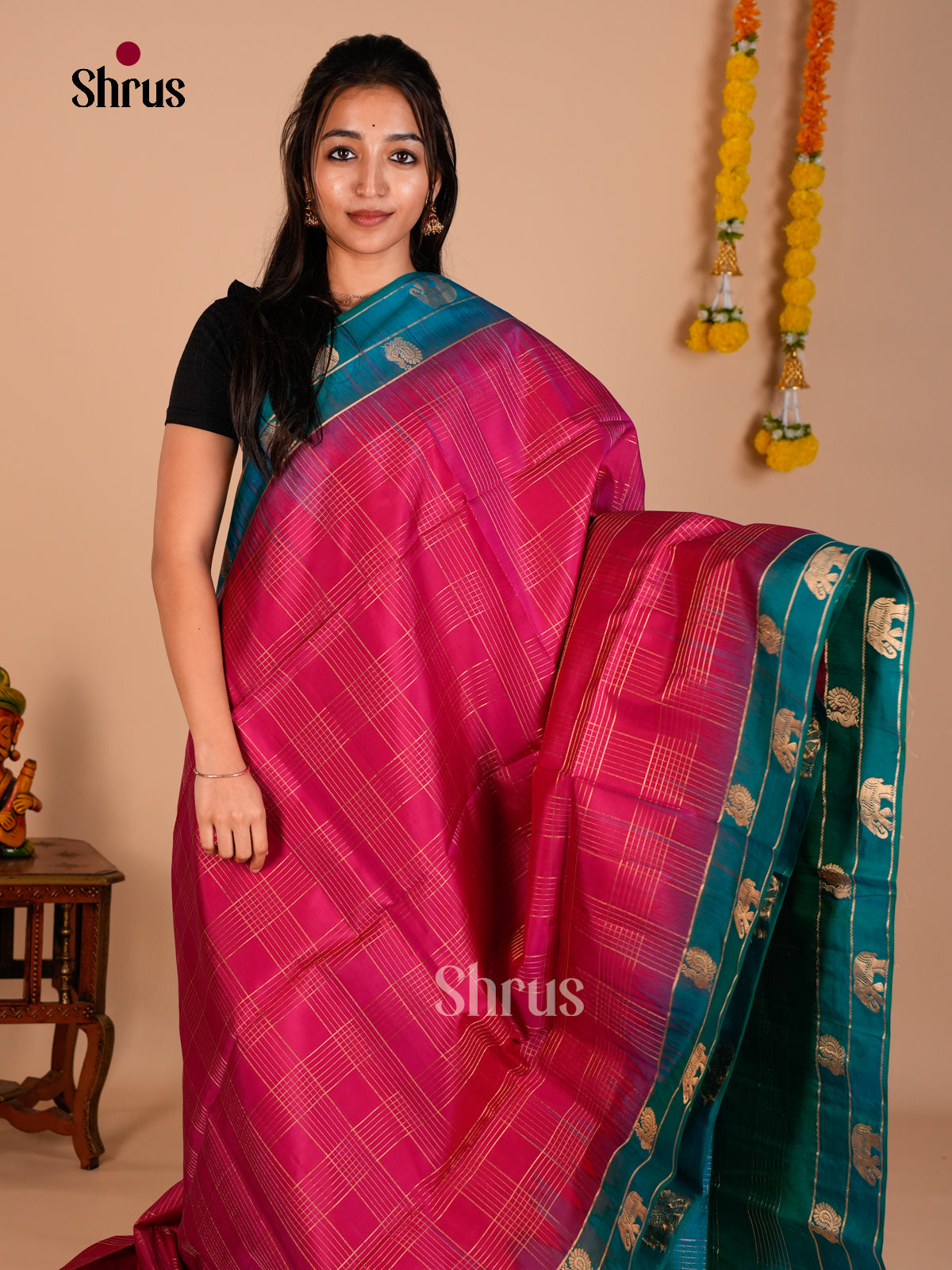 Buy Chic Dark Pink Pure Soft Silk Saree with Gold Checks, Teal Border With Zari Motifs & Brocade Pallu