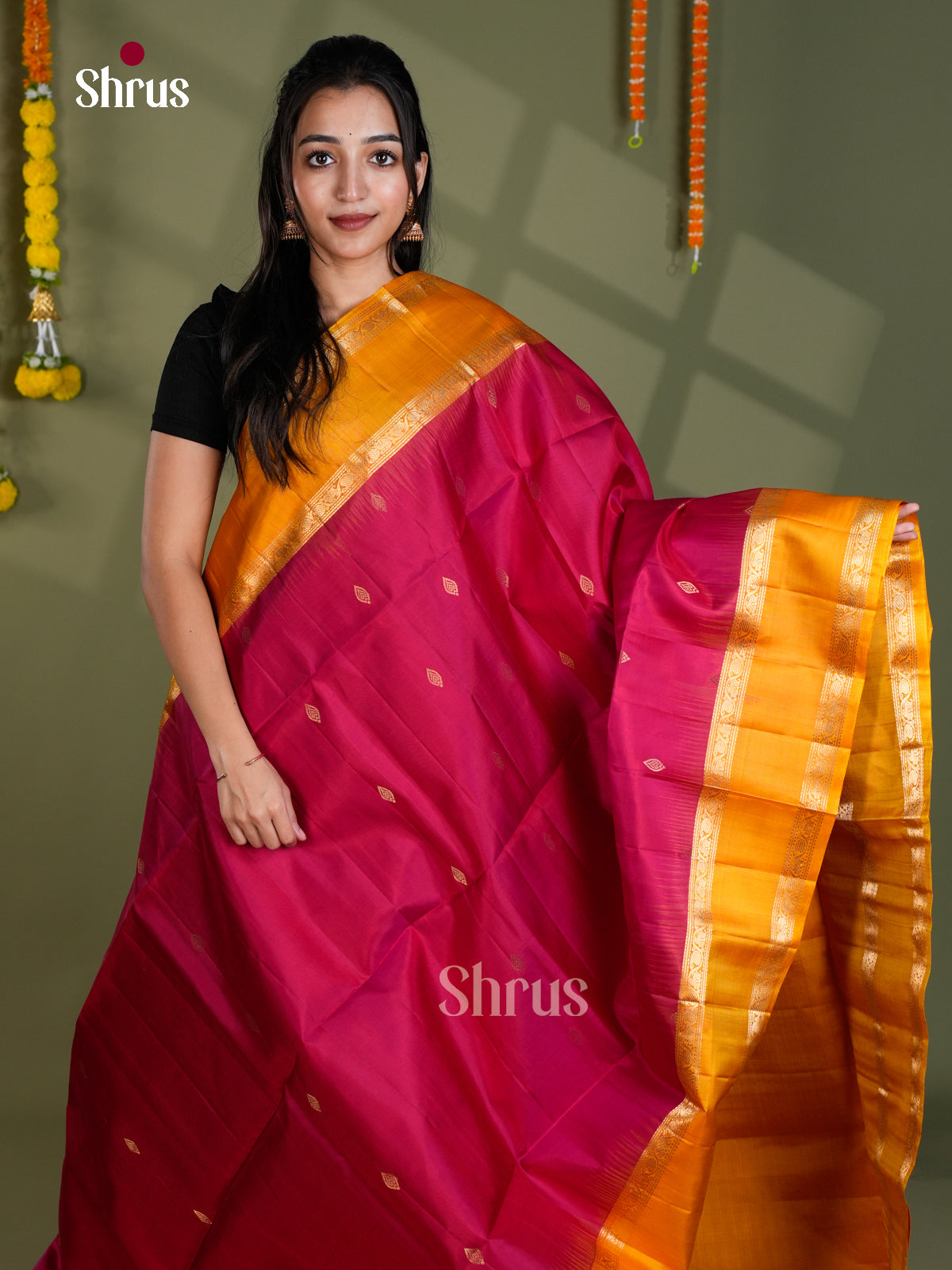 Buy Regal Dark Pink Silk Saree With Diamond Buttas & Mustard Rettaipet Zari Border