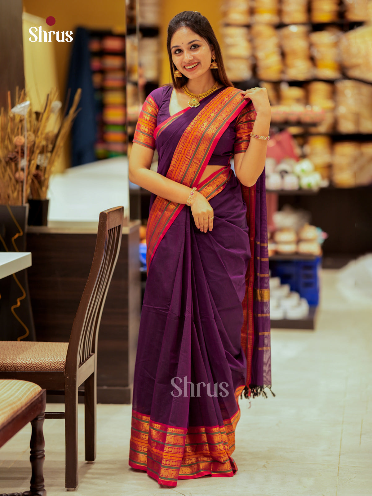 Exquisite Dark Purple Chettinad Cotton Saree With Red Zari Border & Striped Pallu