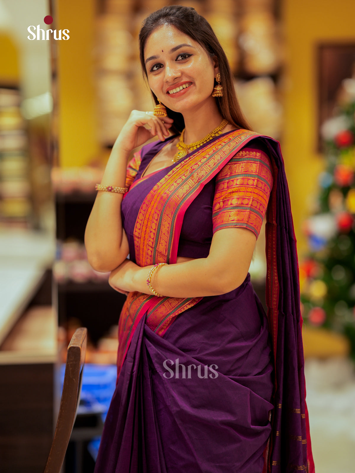 Exquisite Dark Purple Chettinad Cotton Sarees With Red Zari Border & Striped Pallu