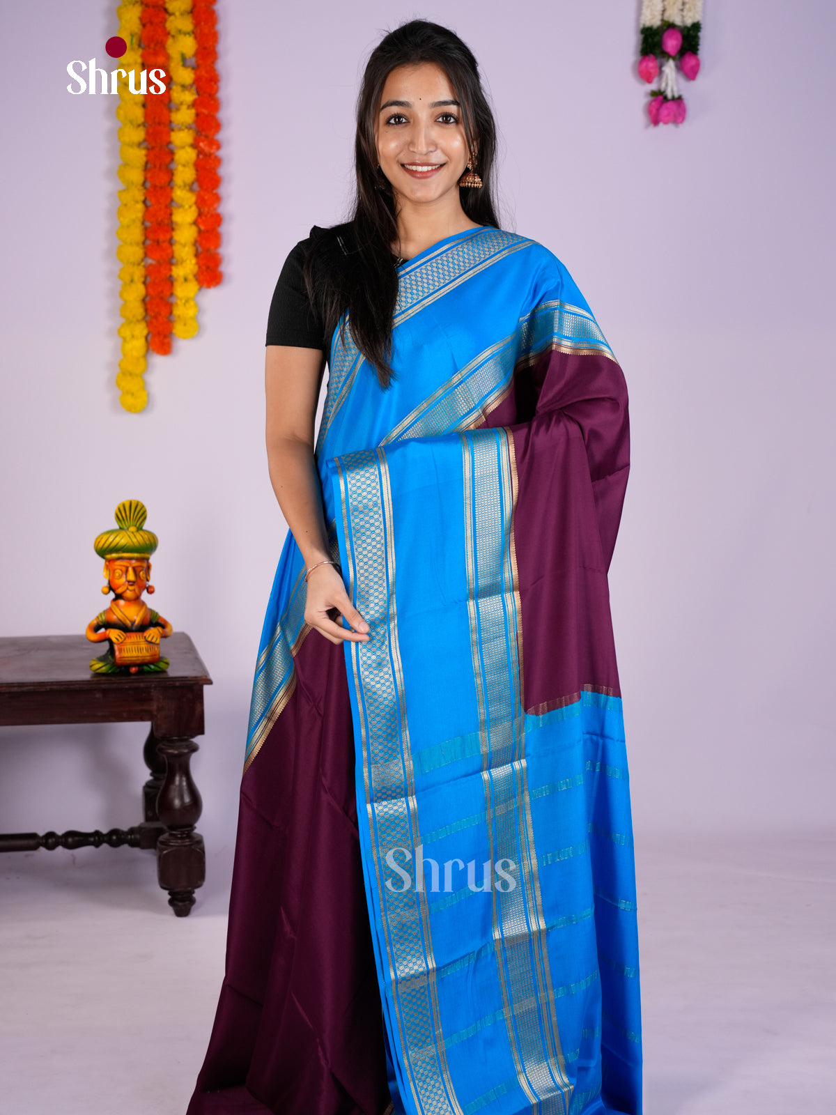 Buy Timeless Dark Purple Mysore Silk Saree with Plain Body, Blue Rettaipet Border & Traditional Pallu