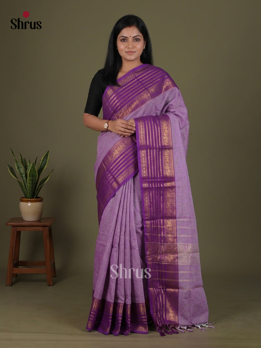 Dashing Lilac Chettinad Cotton Saree With Plain Body, Purple Zari Striped Border & Chit Pallu