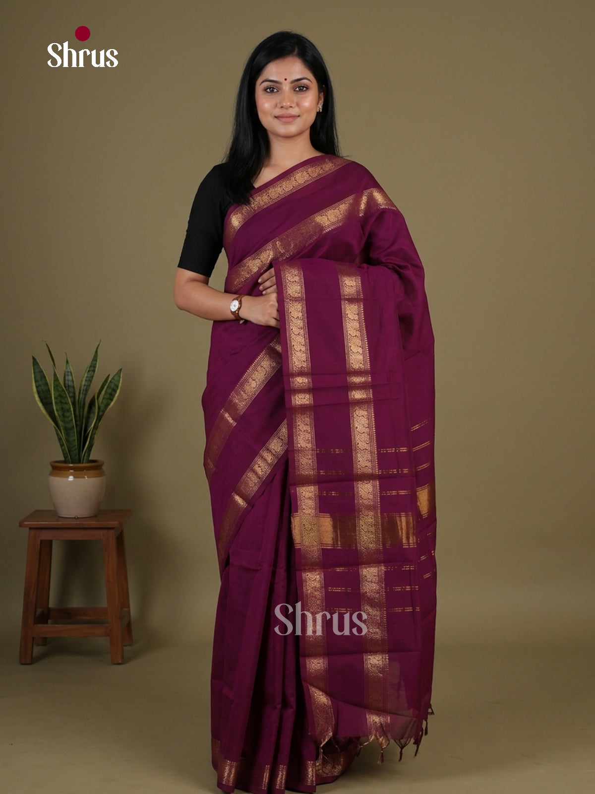 Dashing Purple Chettinad Cotton Saree With Rettapet Zari Border & Traditional pallu