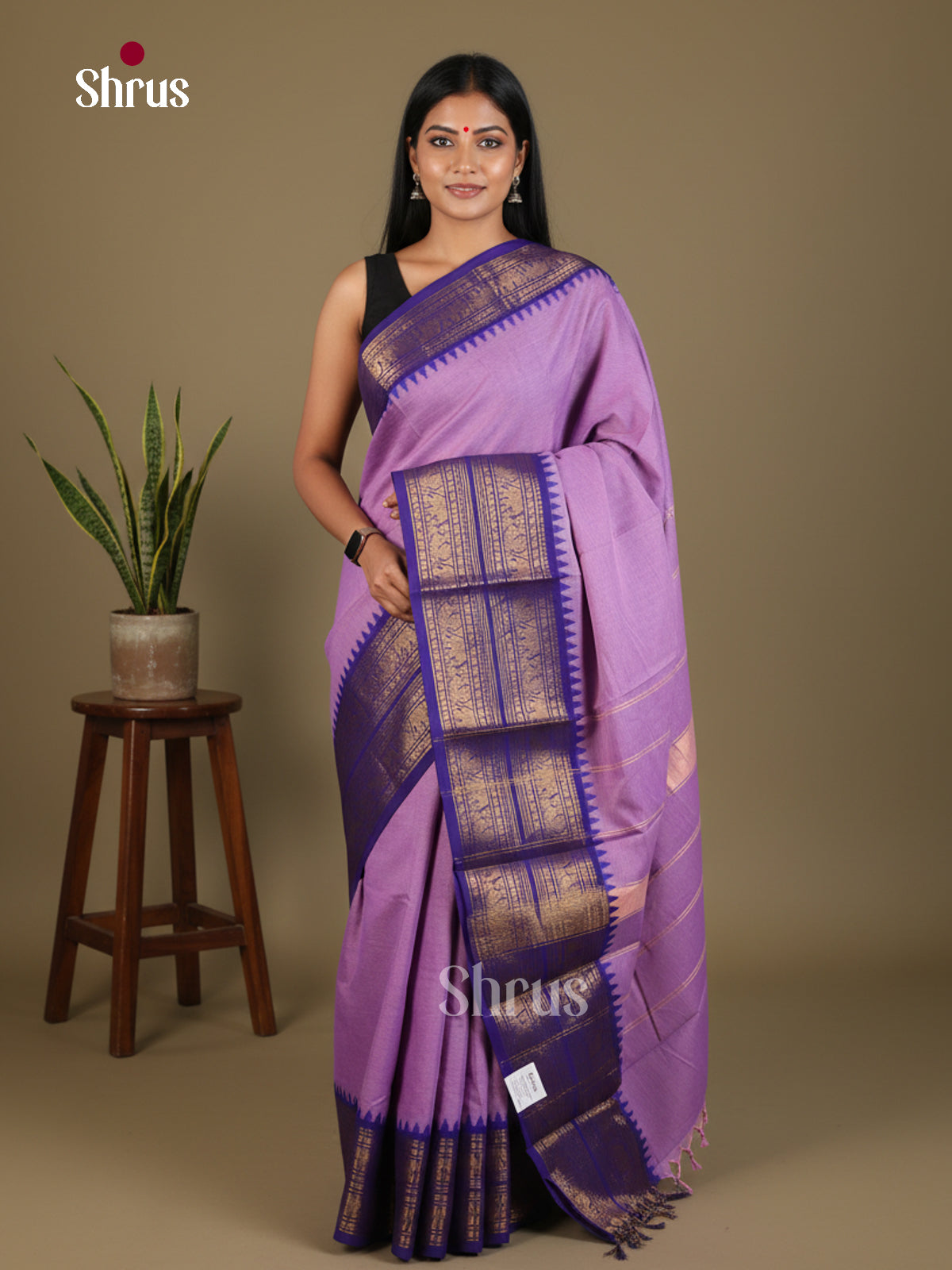 Dazzling Lavender Chettinad Cotton Saree With Blue Broad Temple Zari Border & Striped Pallu