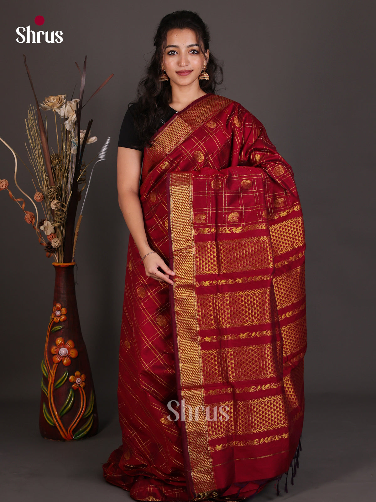 Pretty Deep Maroon Kalyani Cotton Saree With Zari Woven Checks, Buttas & Traditional Pallu