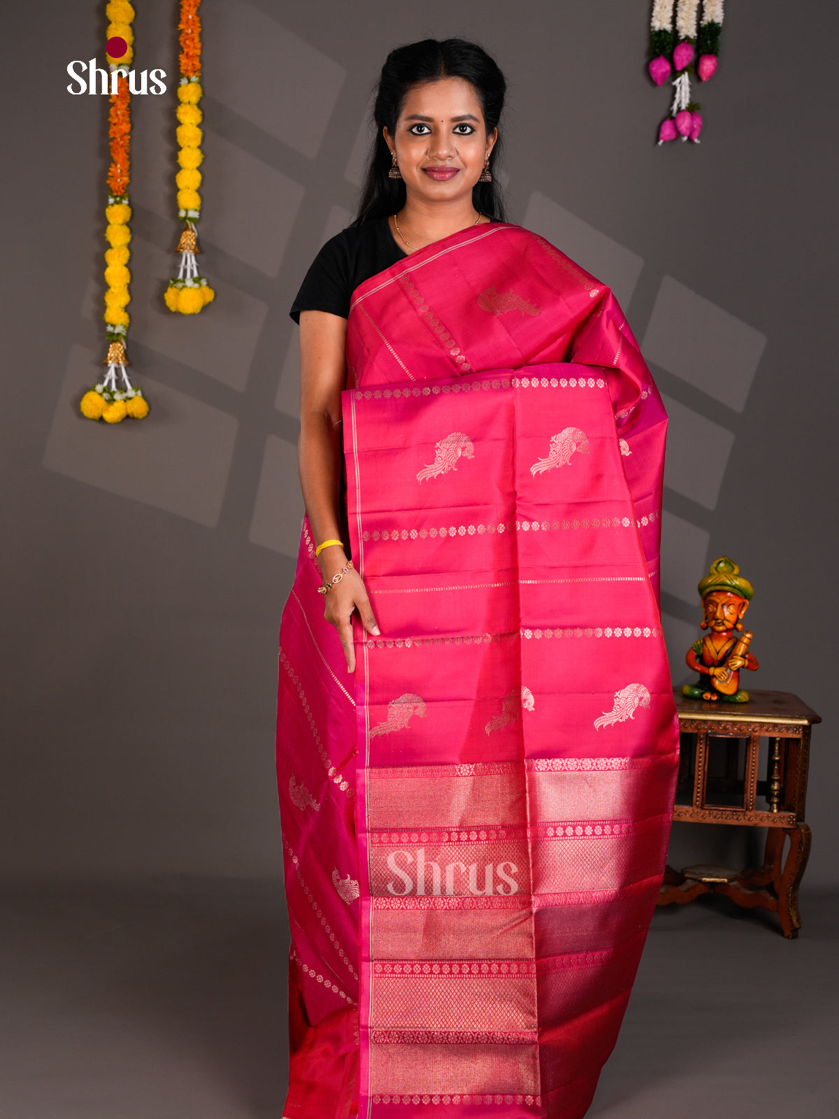 Buy Timeless Deep Pink Soft Silk Saree With Paisley Peacock Motifs, Stripes & Zari Brocade Pallu