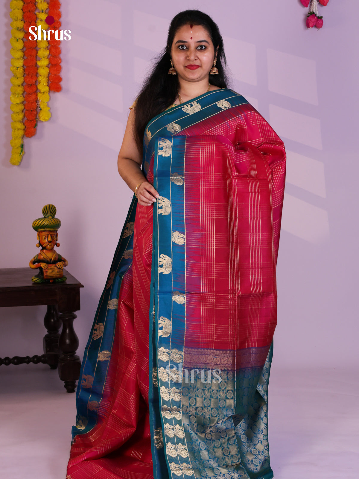 Buy Exquisite Deep Pink Soft Silk Saree with Gold Checks, Teal Blue Border With Zari Motifs