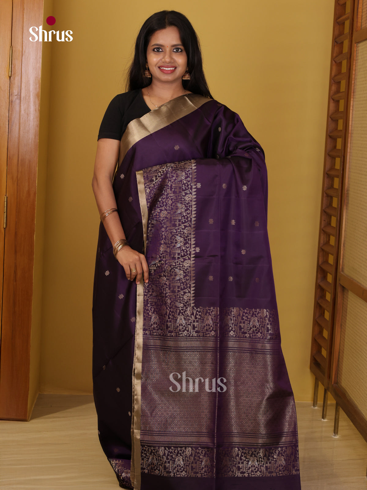 Buy Regal Deep Purple Soft Silk Saree with Zari Buttas, Kaddi Border & Brocade Pallu