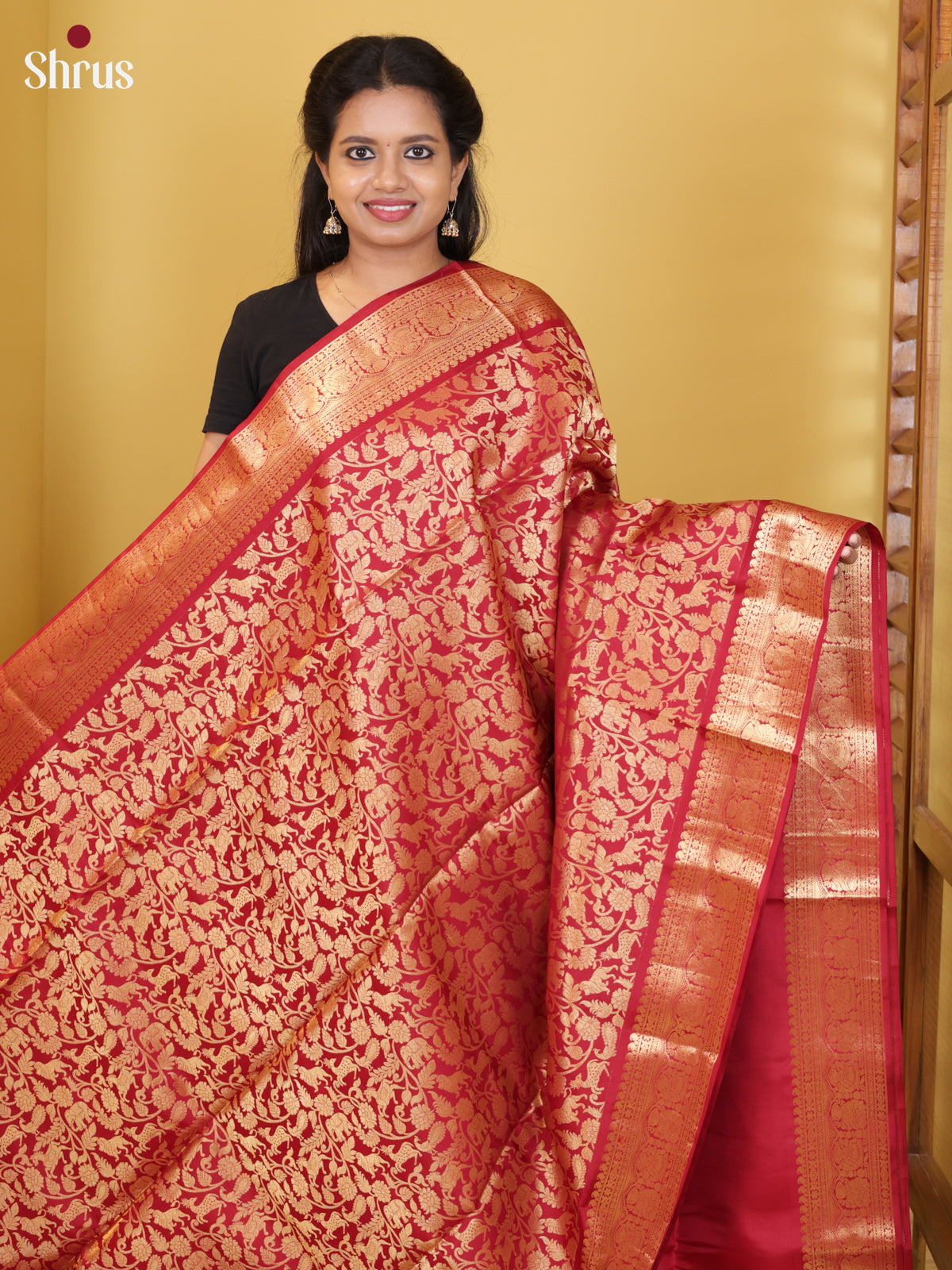Buy Glimmering Deep Red Soft Silk Saree with Vanashigaram Zari Brocade