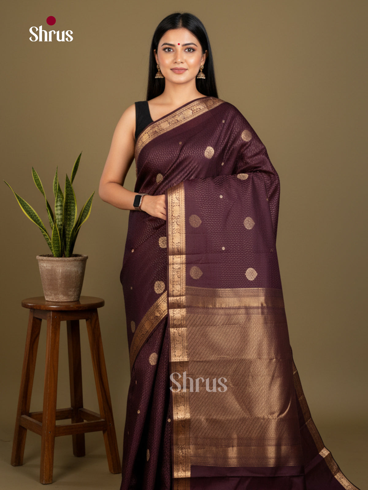 Buy Stunning Deep Wine Kanchipuram Saree with Gold Buttas, Zari Border & Brocade Pallu