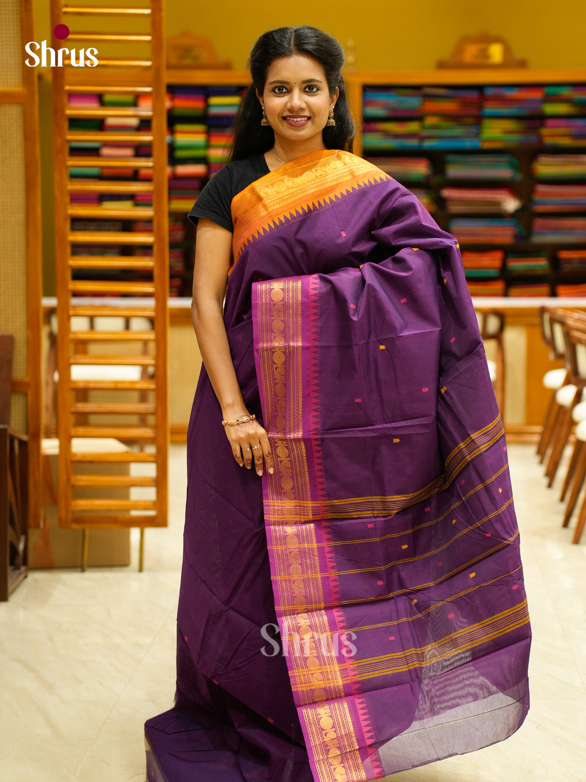 Distinctive Violet Chettinad Cotton Saree with Thread Buttas & Ganga Jamuna Temple Zari Border