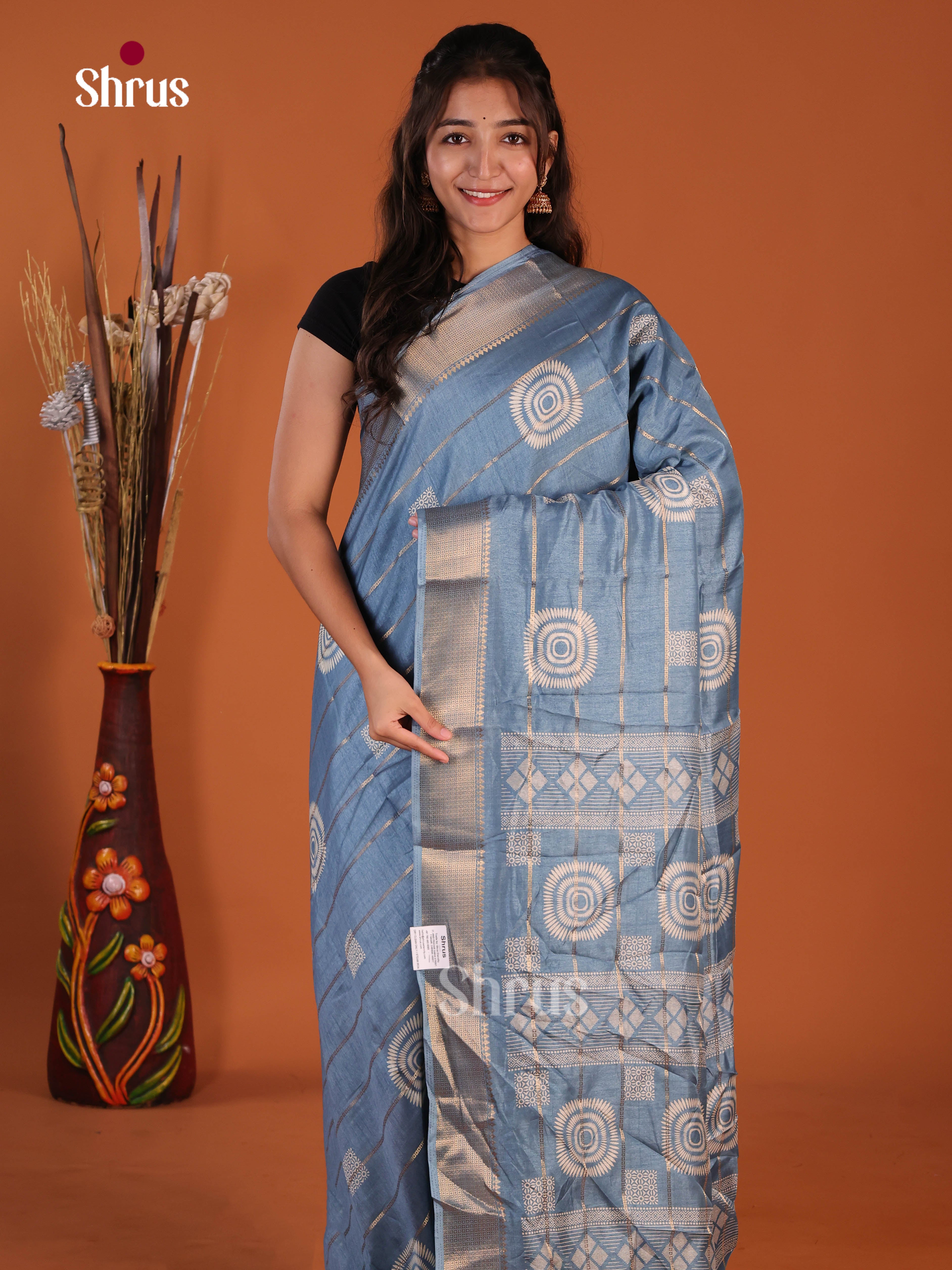 Blue - Semi Crepe Saree