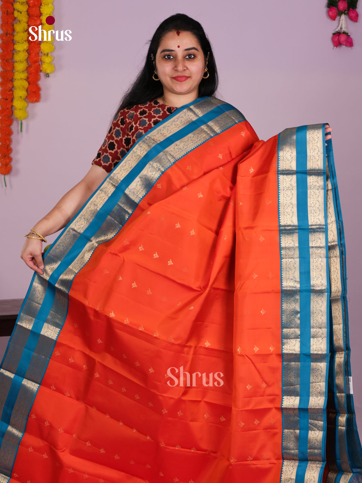 Striking Orange Wedding Saree With Zari Buttas & Blue Rettaipet Border