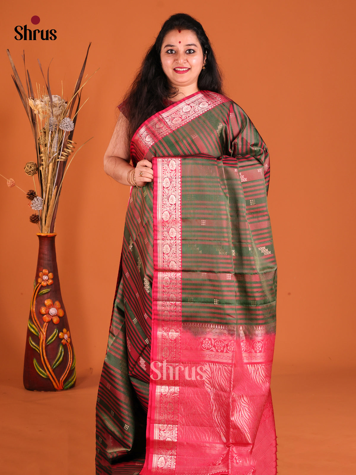 Graceful Double Shaded Green Soft Silk Saree with Zari Stripes & Red Floral Vines Border