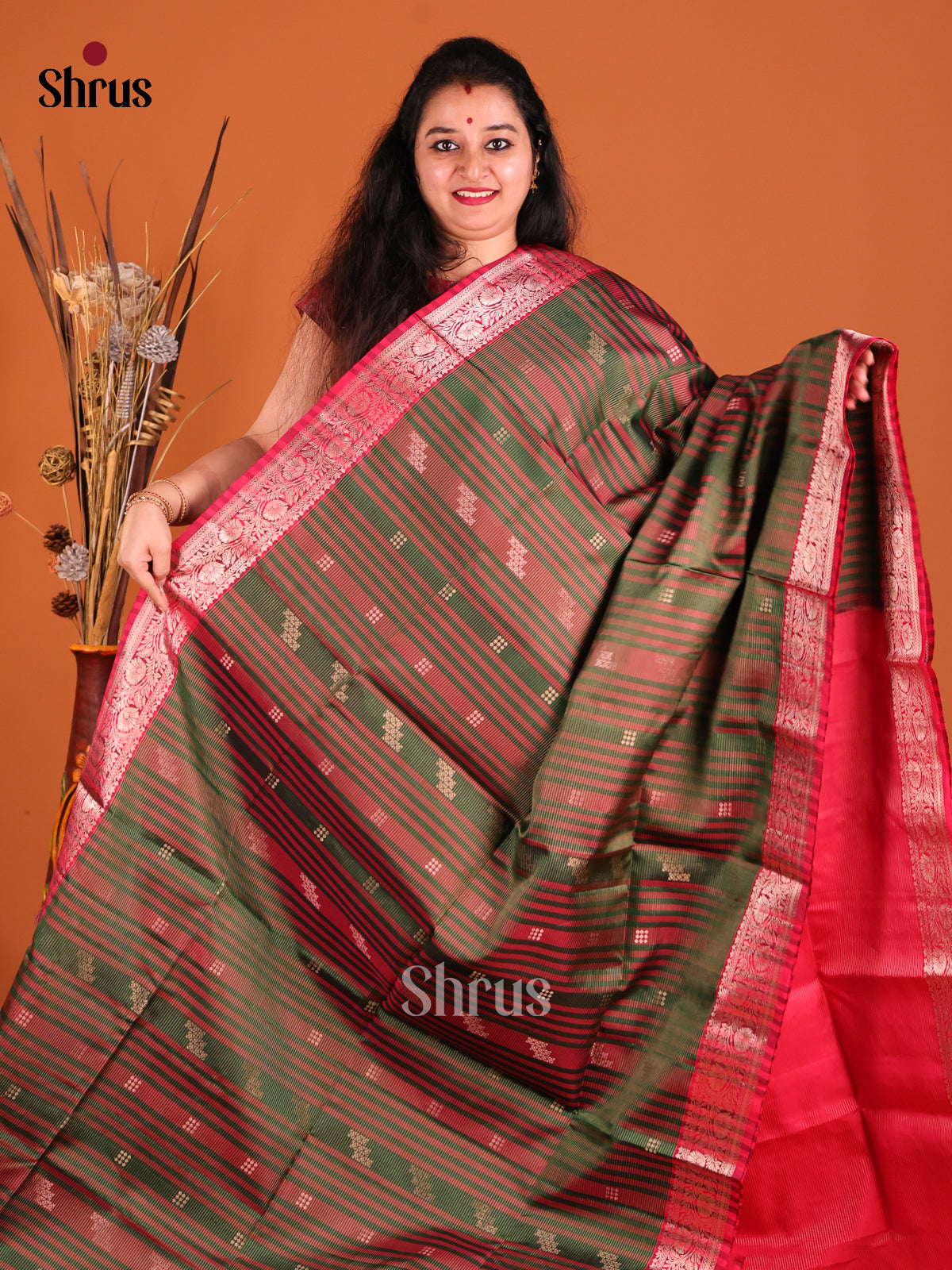 Graceful Double Shaded Green Soft Silk Sarees with Zari Stripes & Red Floral Vines Border