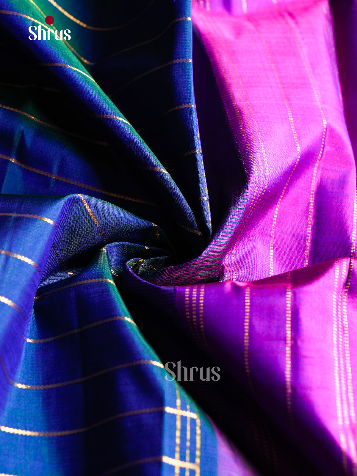 Dual Tone Sapphire Blue Silk Saree With ZAri Stripes | Purple Rettapet Zari Border & Pallu
