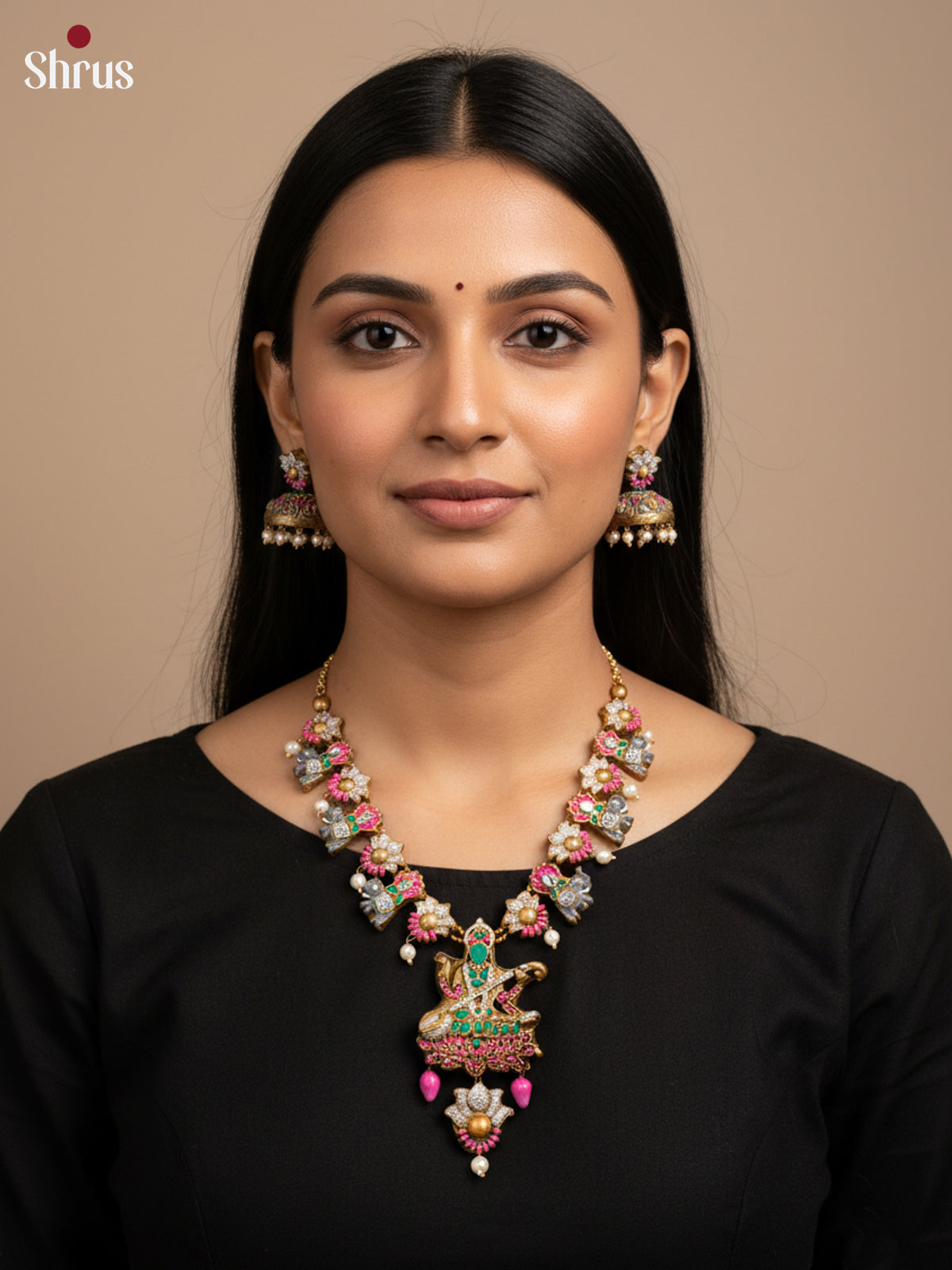 Beautiful Saraswathi pendant with elephant buttas Terracotta set  - EAJ16009 - Terracotta Set - Shop on Shrus.com