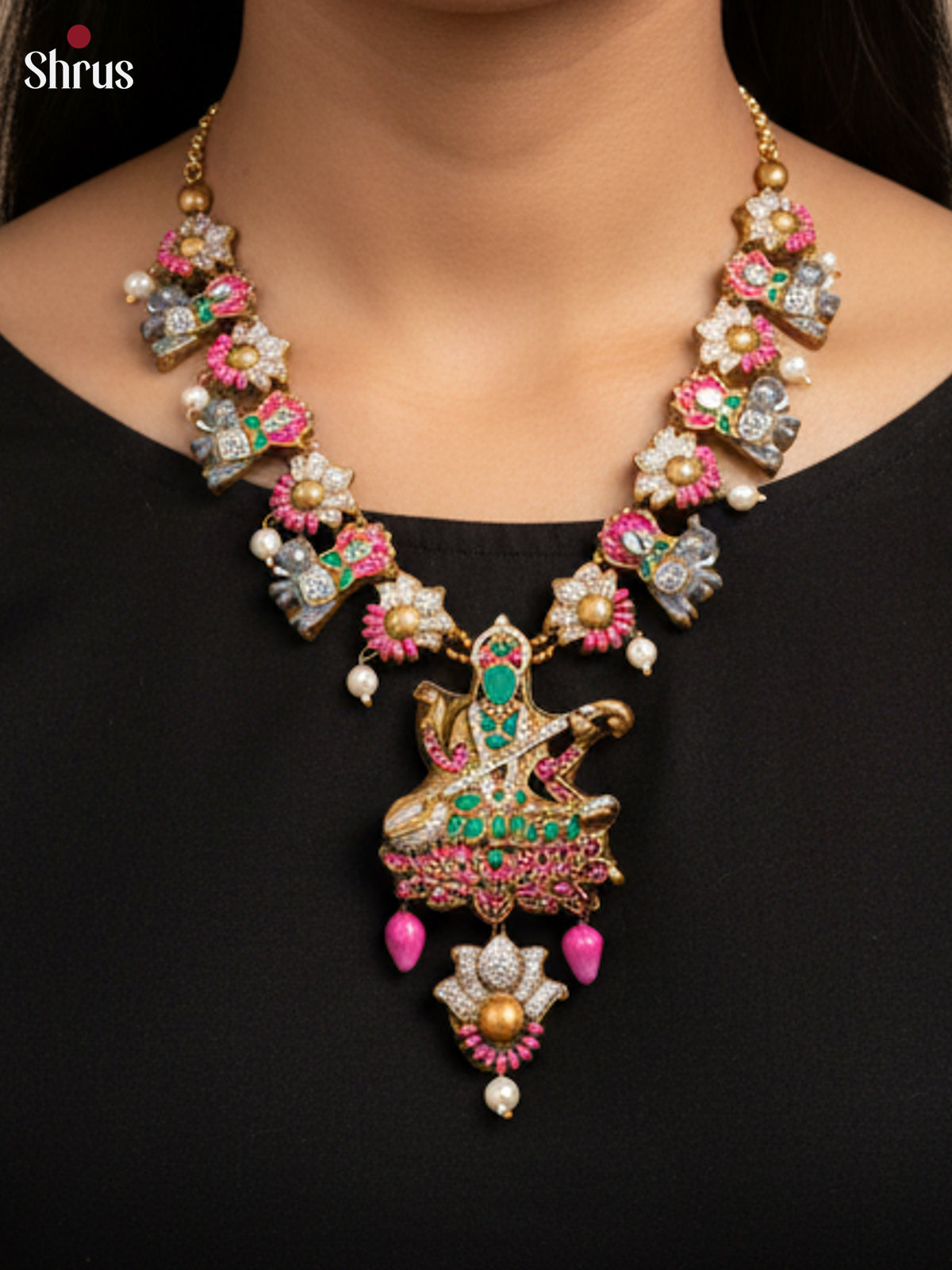 Beautiful Saraswathi pendant with elephant buttas Terracotta set  - EAJ16009 - Terracotta Set - Shop on Shrus.com