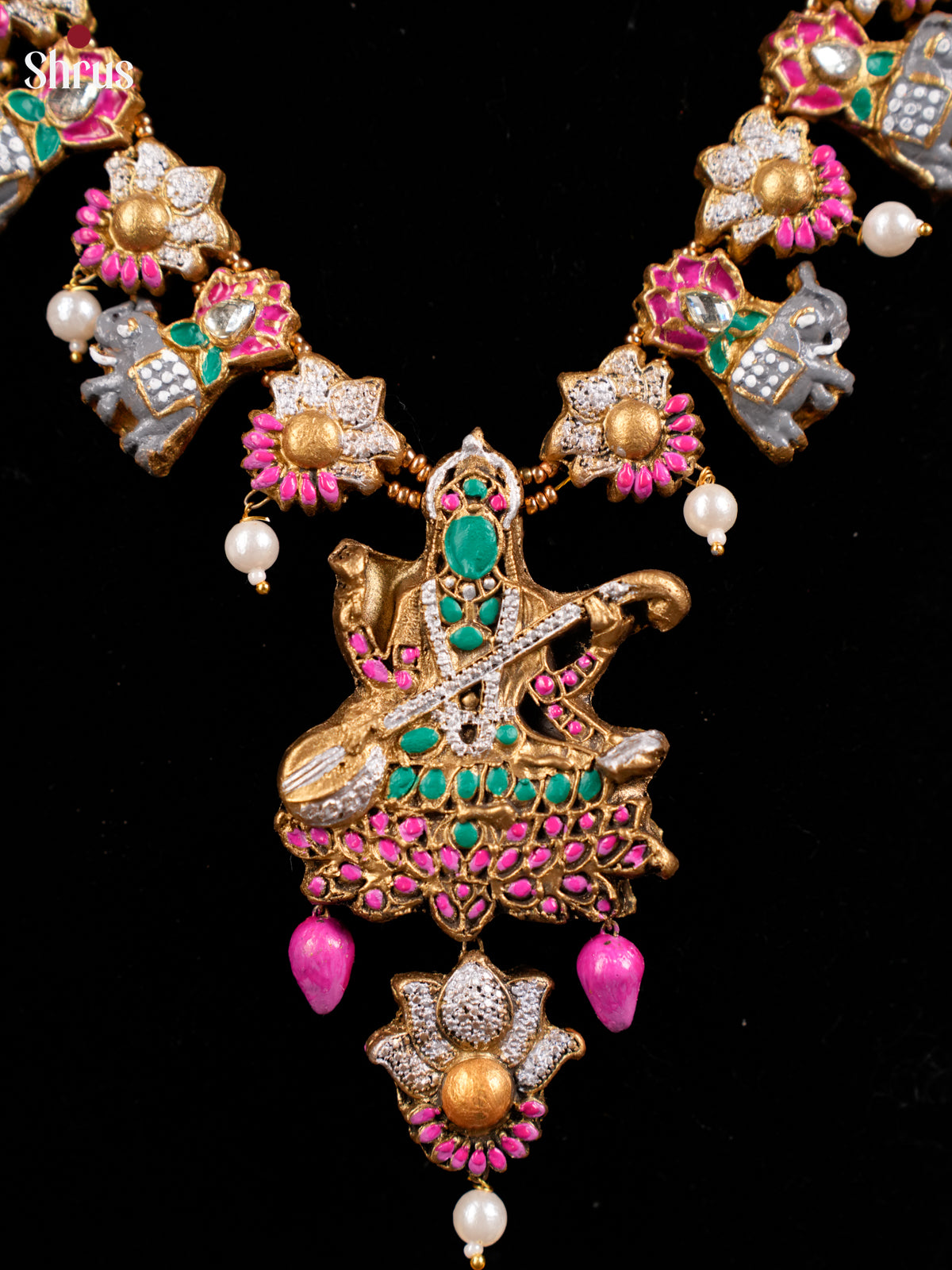 Beautiful Saraswathi pendant with elephant buttas Terracotta set  - EAJ16009 - Terracotta Set - Shop on Shrus.com