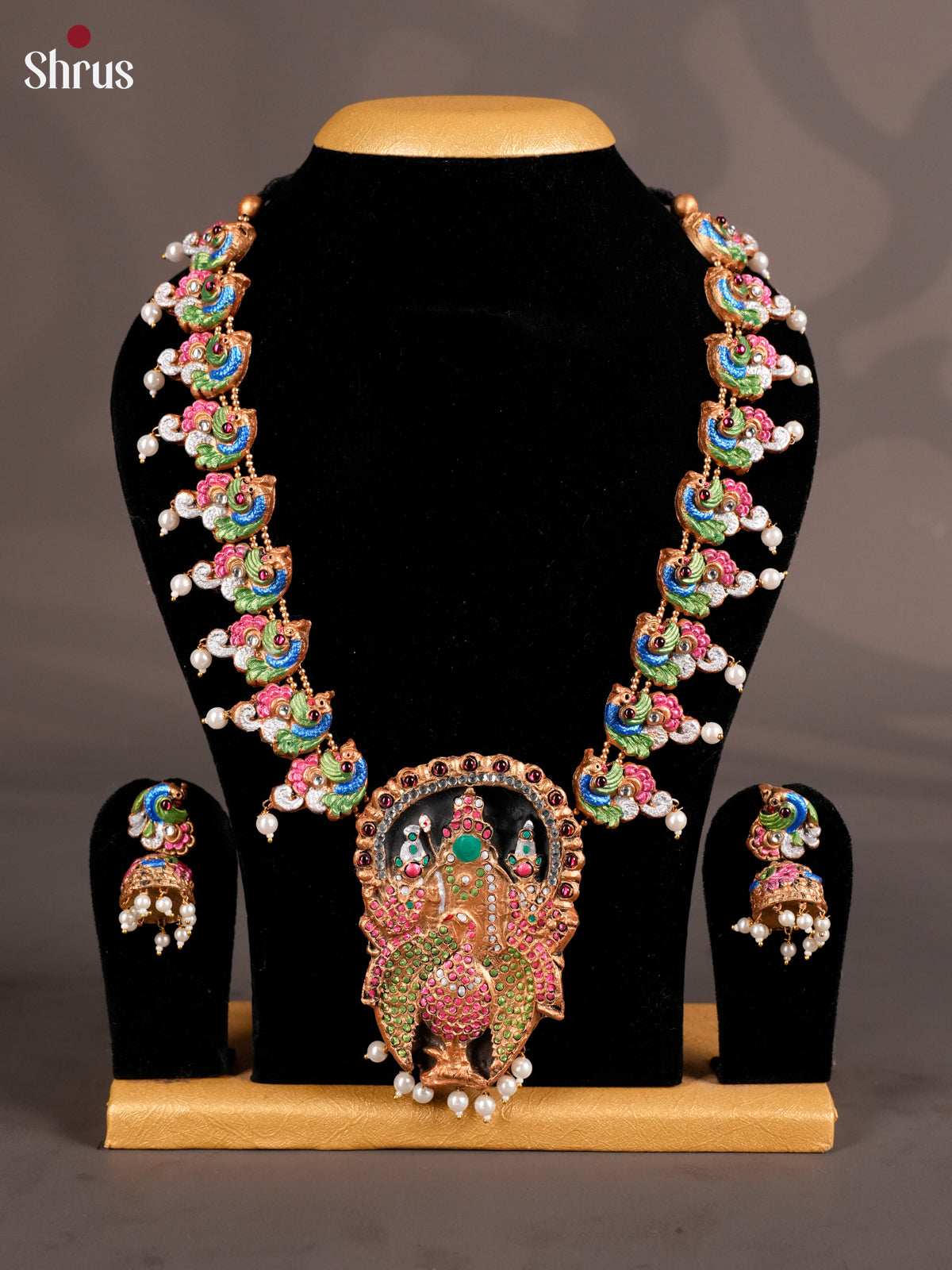 Elegant Handcrafted Necklace with lord murugan centerpiece Terra cotta set - EAJ16025