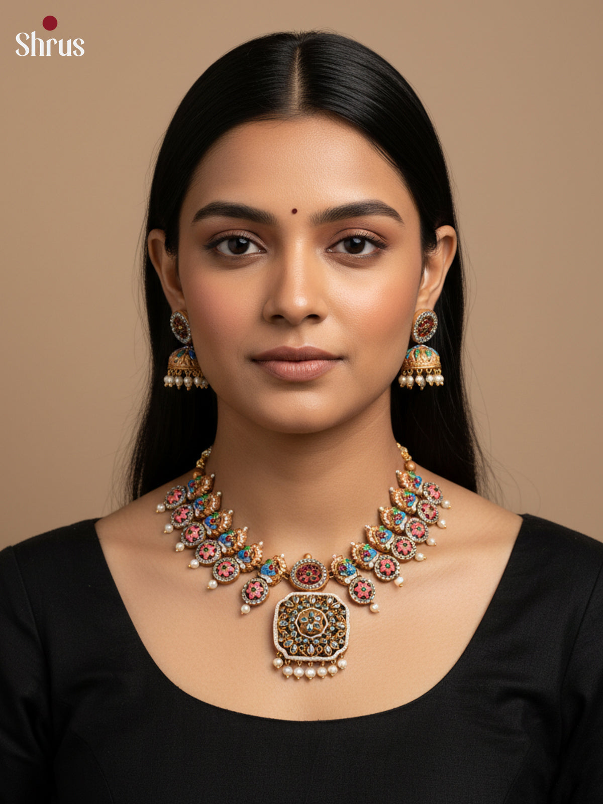 Handcrafted Peacock necklace Terracotta set - EAJ16036