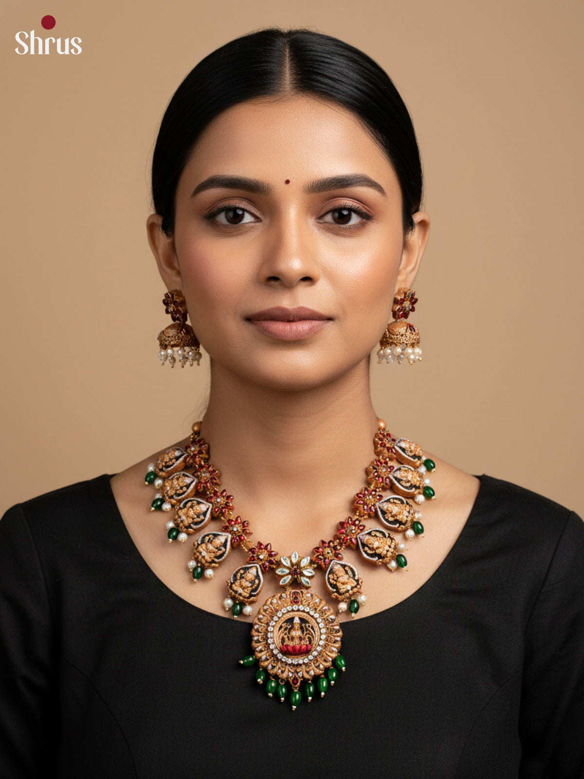 Rustic Lakshmi & floral Necklace Terracotta set - EAJ20003