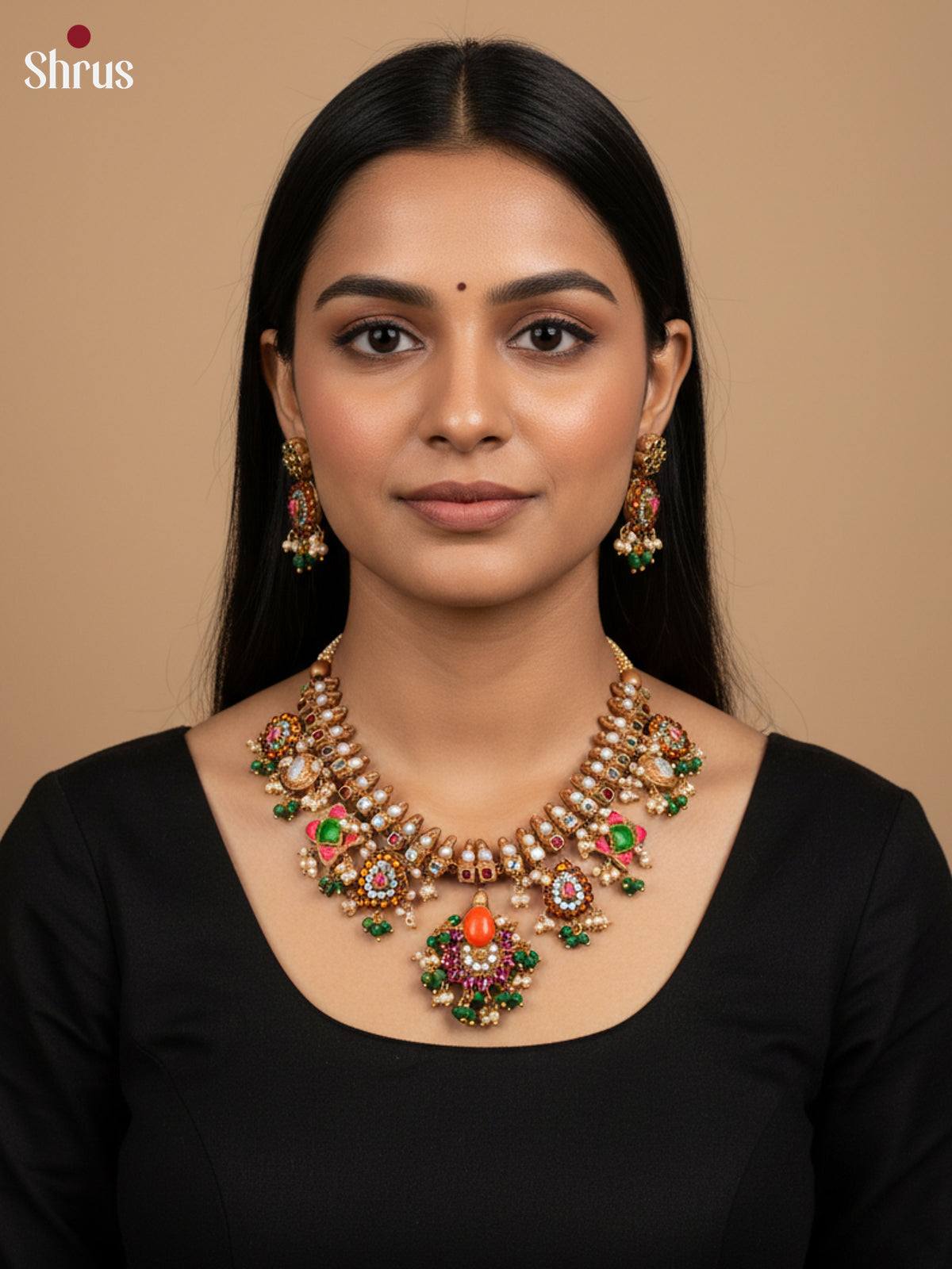 Handcrafted Necklace with kemp stones Terracotta set -EAJ20017