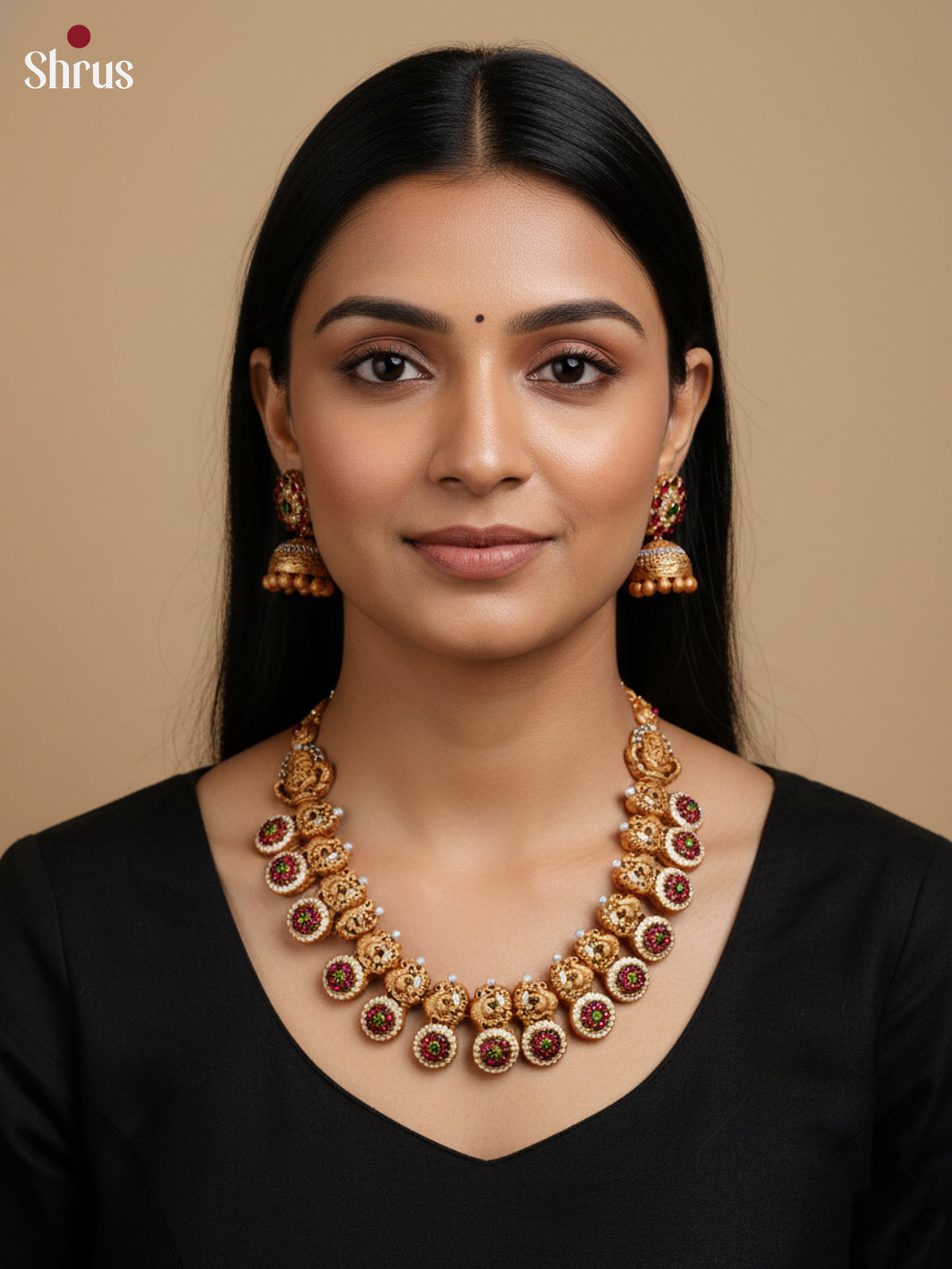 Exquisite Peacock Design Haram terracotta set with kemp stones - EAJ24004 - Shop on Shrus.com