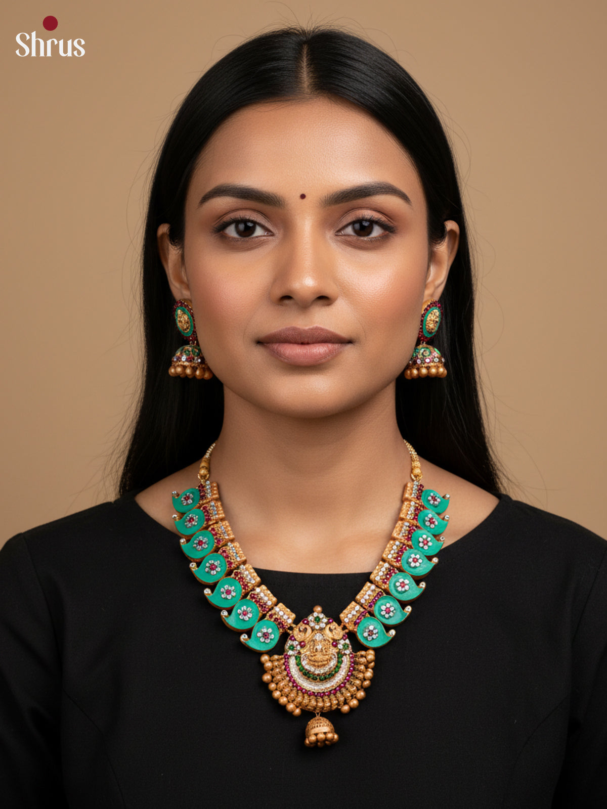 Handpainted Blue Manga Terracotta Necklace set with jhumka  -EAJ24022