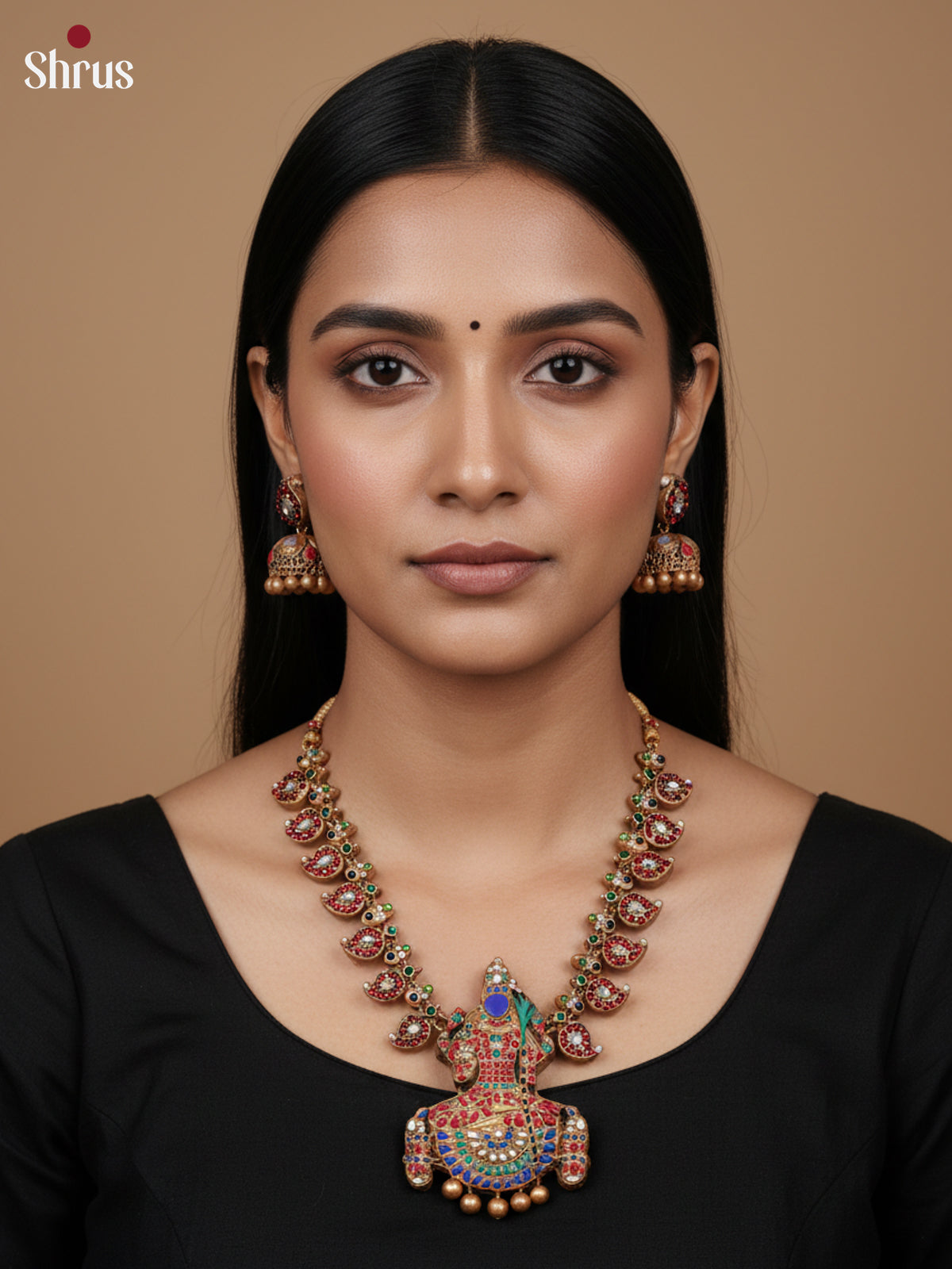 Beautiful  Terracotta with manga motifs & kamakshi pendant  with kemp stones -EAJ30010