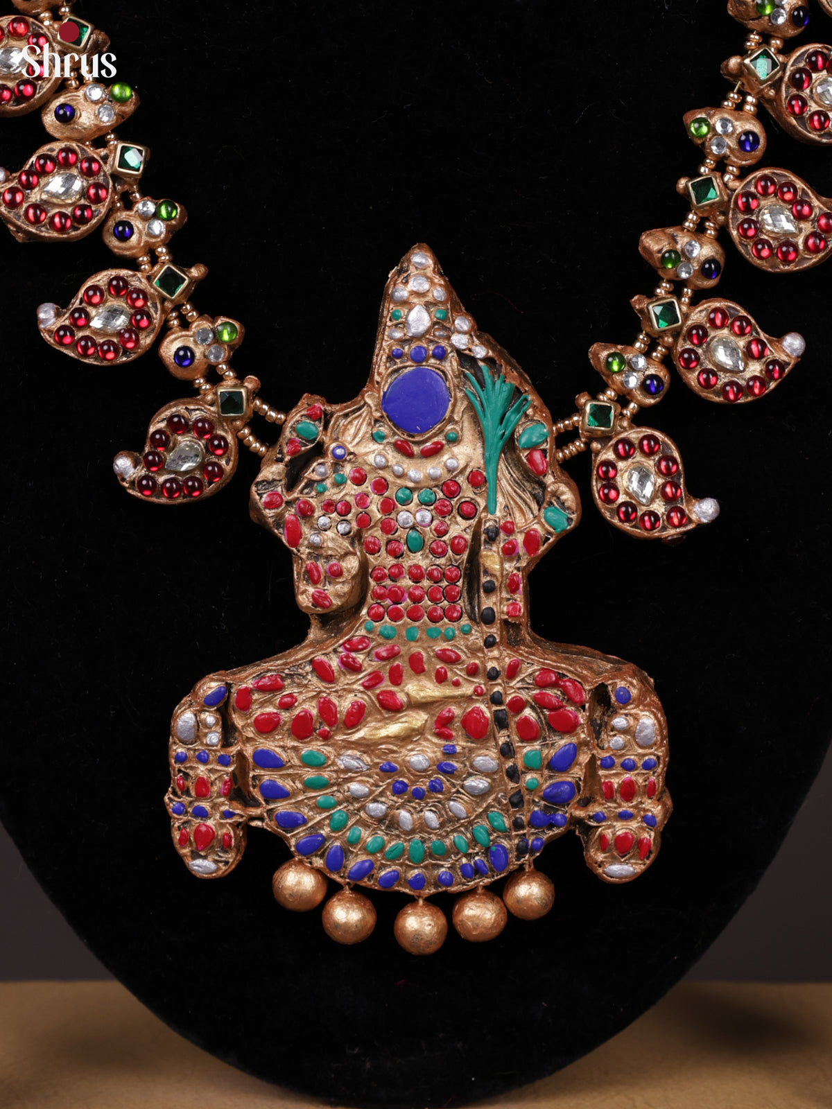 Beautiful  Terracotta with manga motifs & kamakshi pendant  with kemp stones -EAJ30010