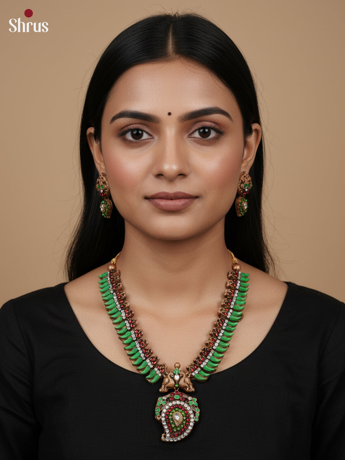 Handmade Green Mottu beads with Paisley pendant Terracotta Set-EAJ30017